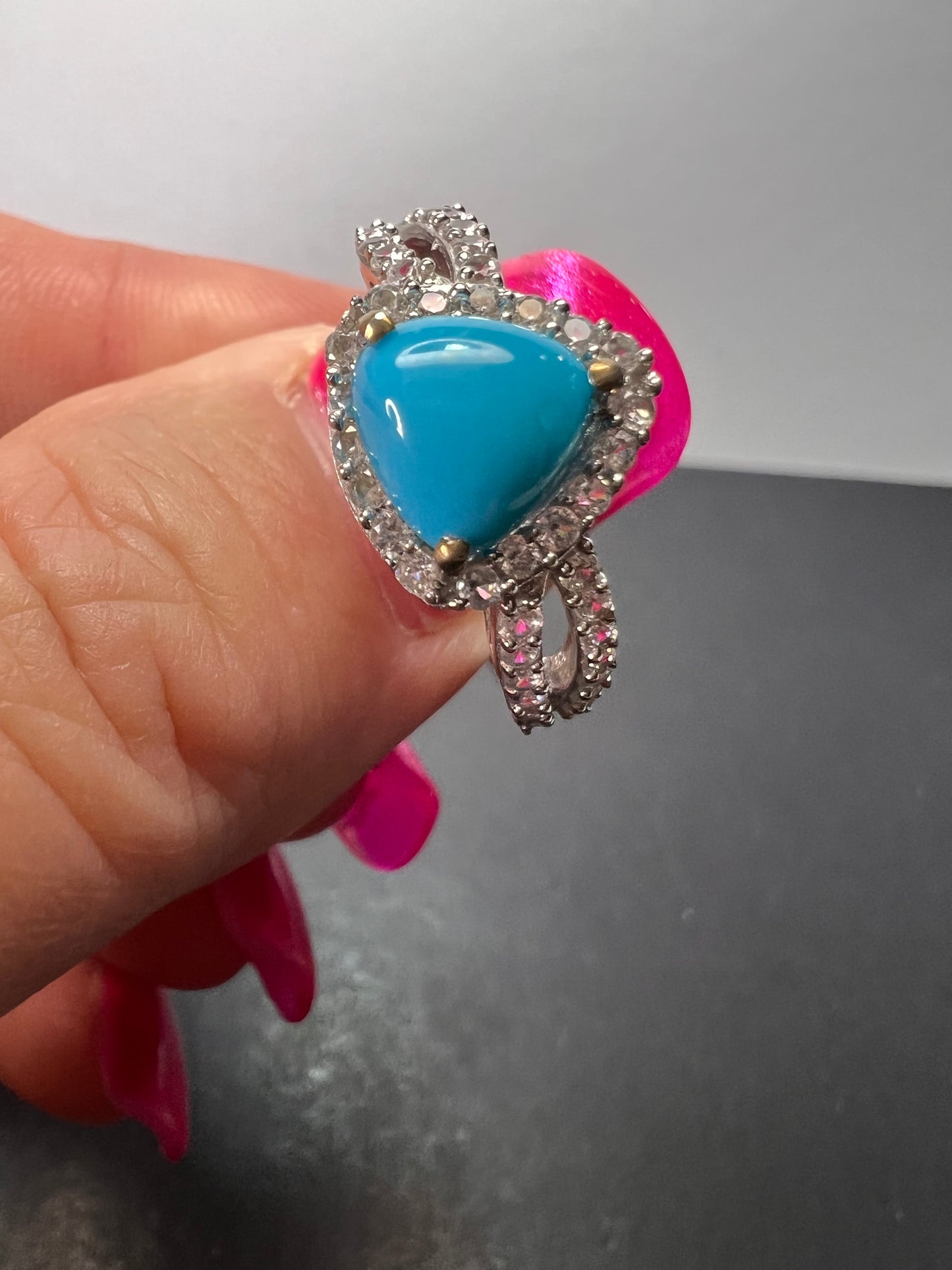 American sleeping beauty turquoise and zircon ring in platinum over sterling silver 2.60 ctw size 8