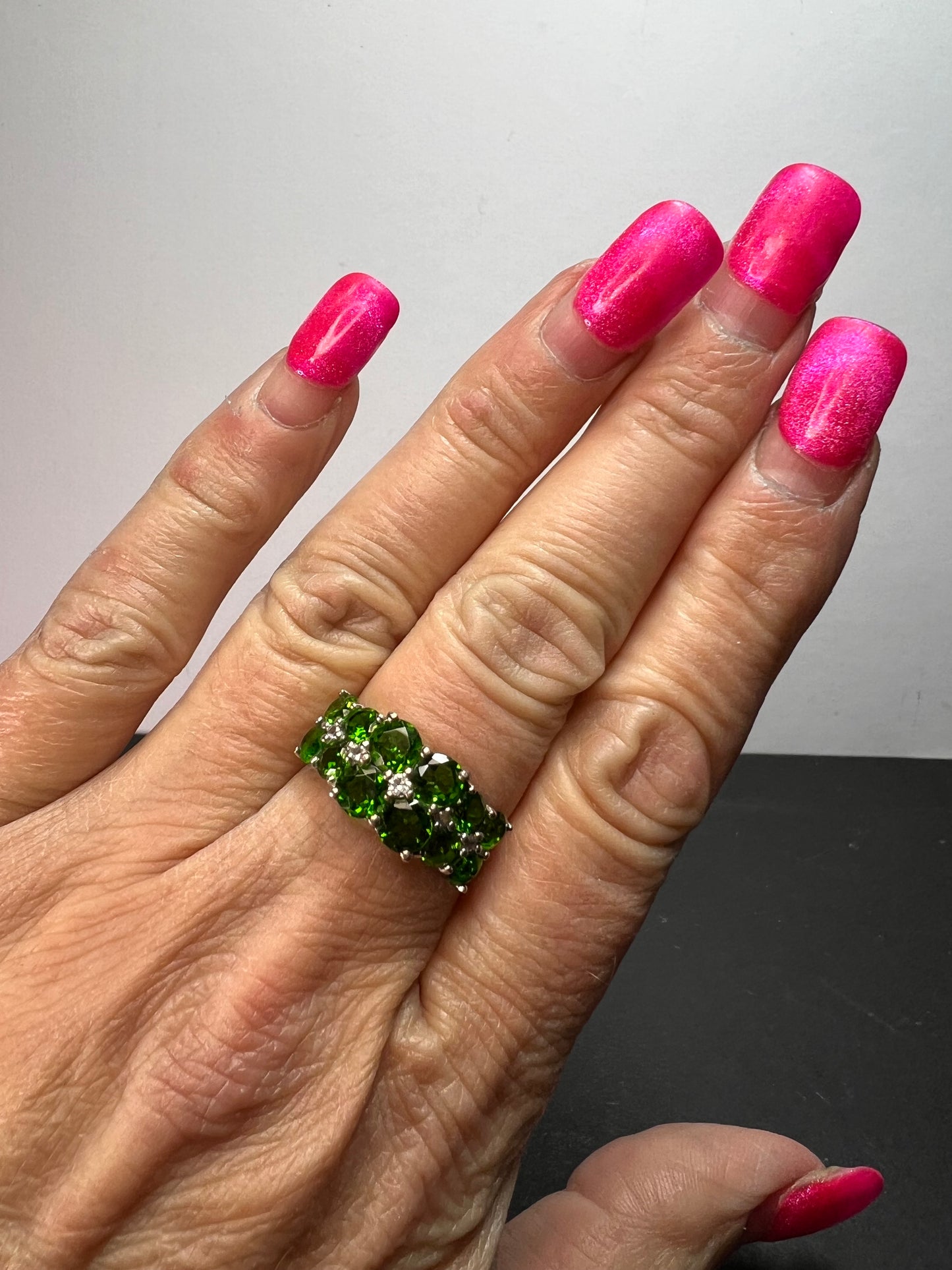 Chrome diopside and white topaz ring in rhodium over sterling silver size 8