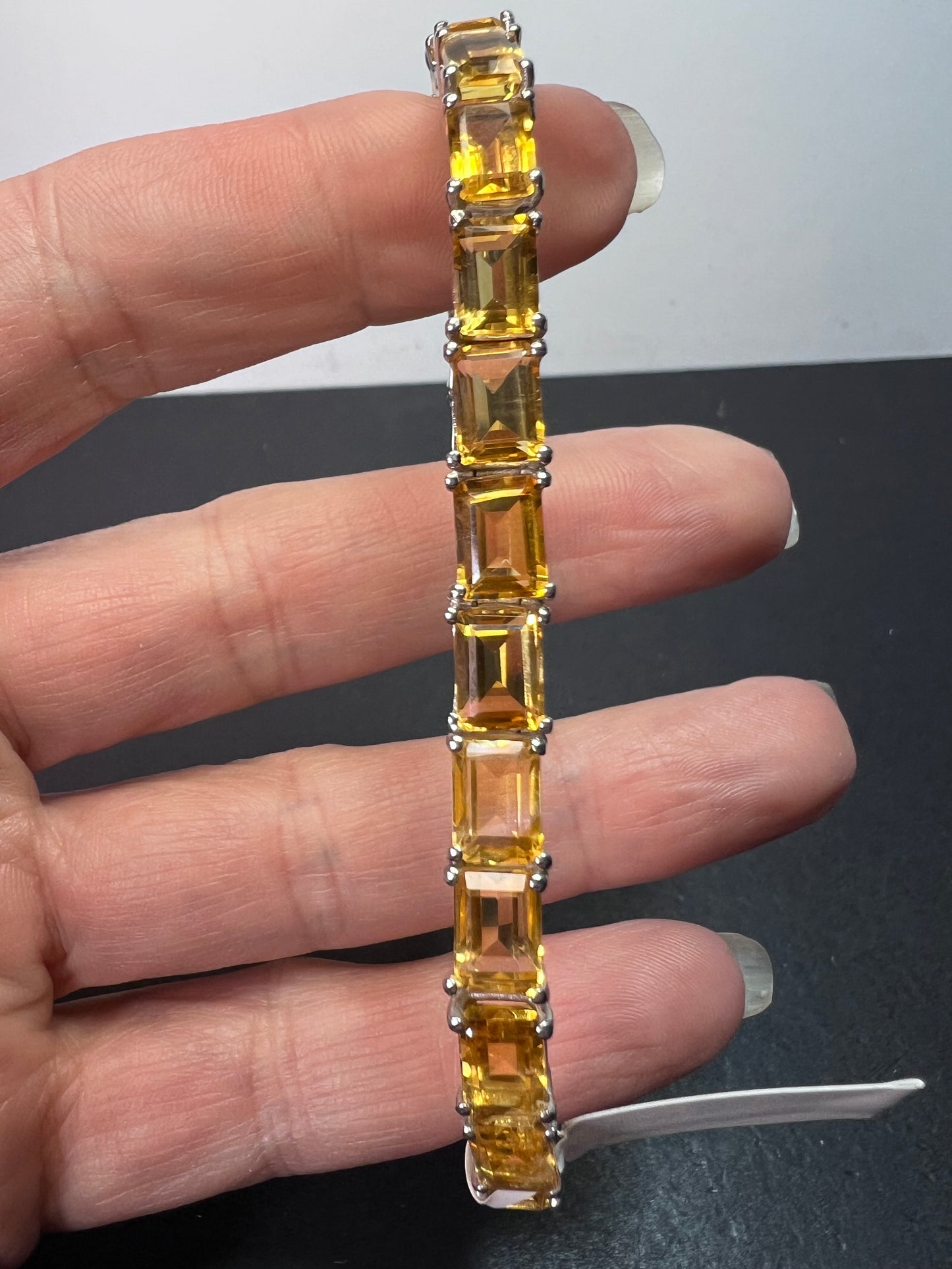 New emerald cut yellow citrine tennis bracelet in rhodium over sterling