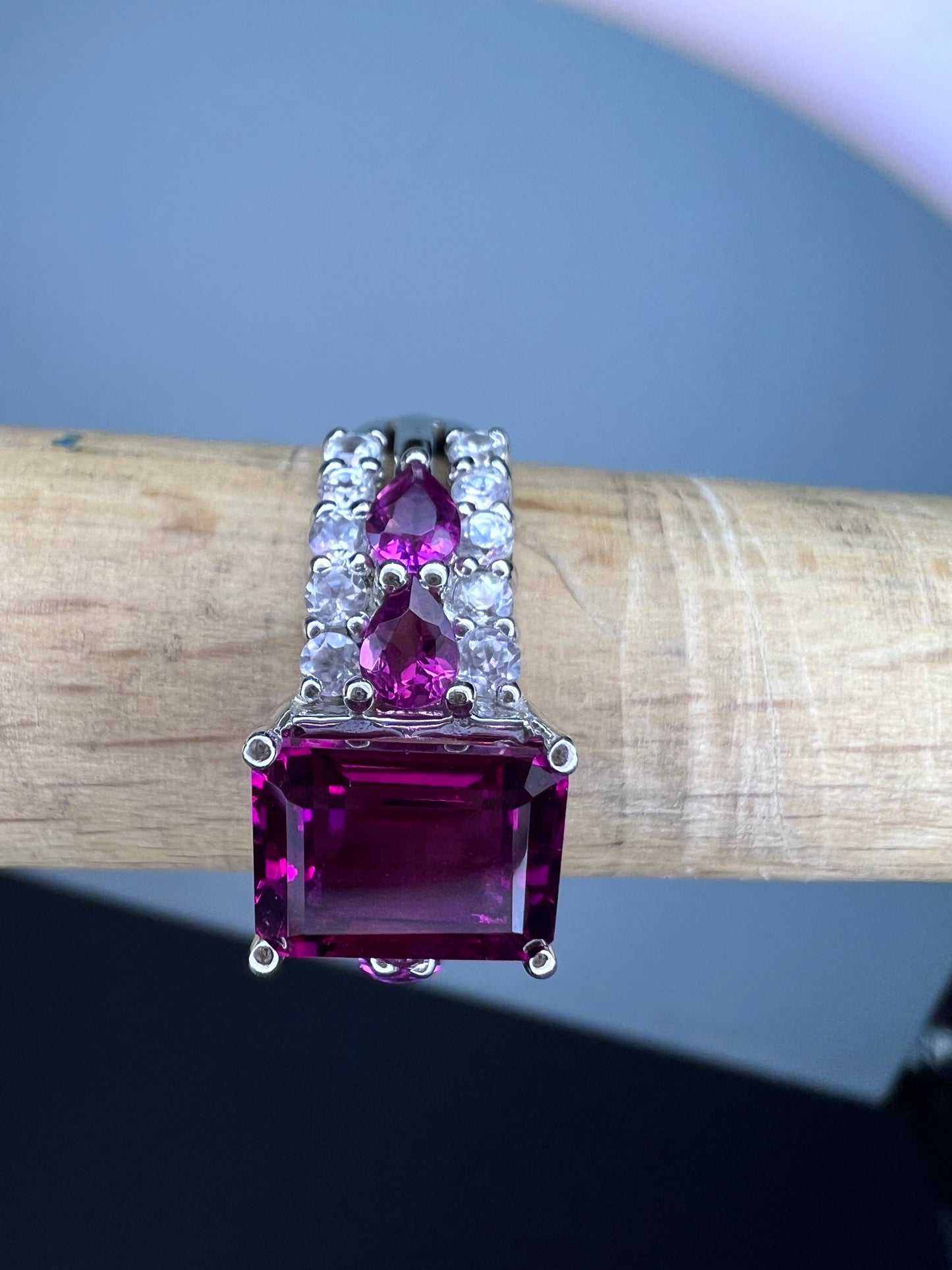 Lab pink tourmaline and white topaz statement ring size 8