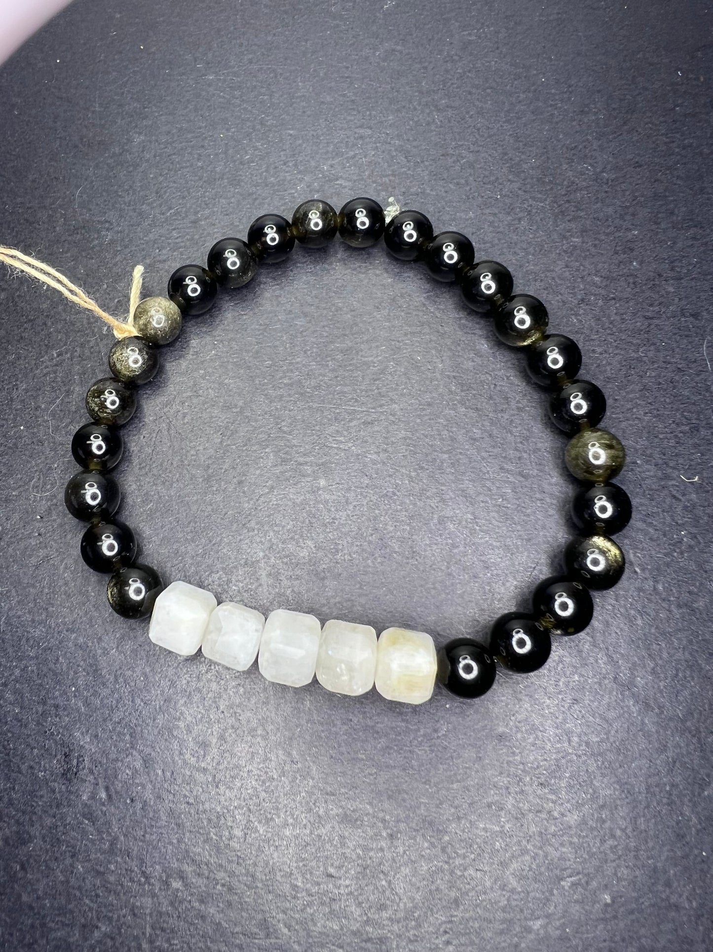 Golden sheen obsidian and moonstone stretch bracelet 7 inch