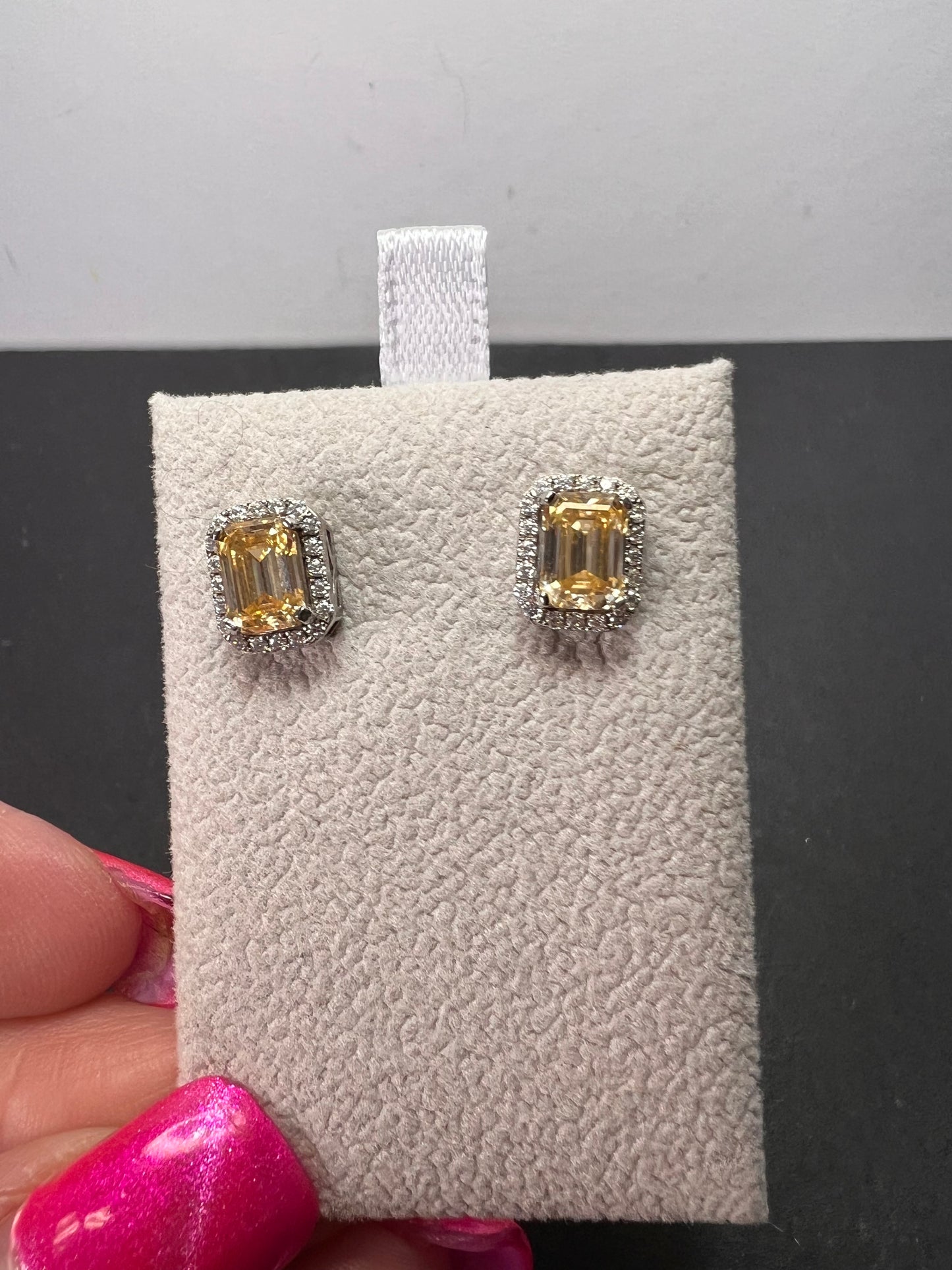 Yellow and white moissanite halo stud earrings in rhodium over sterling silver 2.35ctw