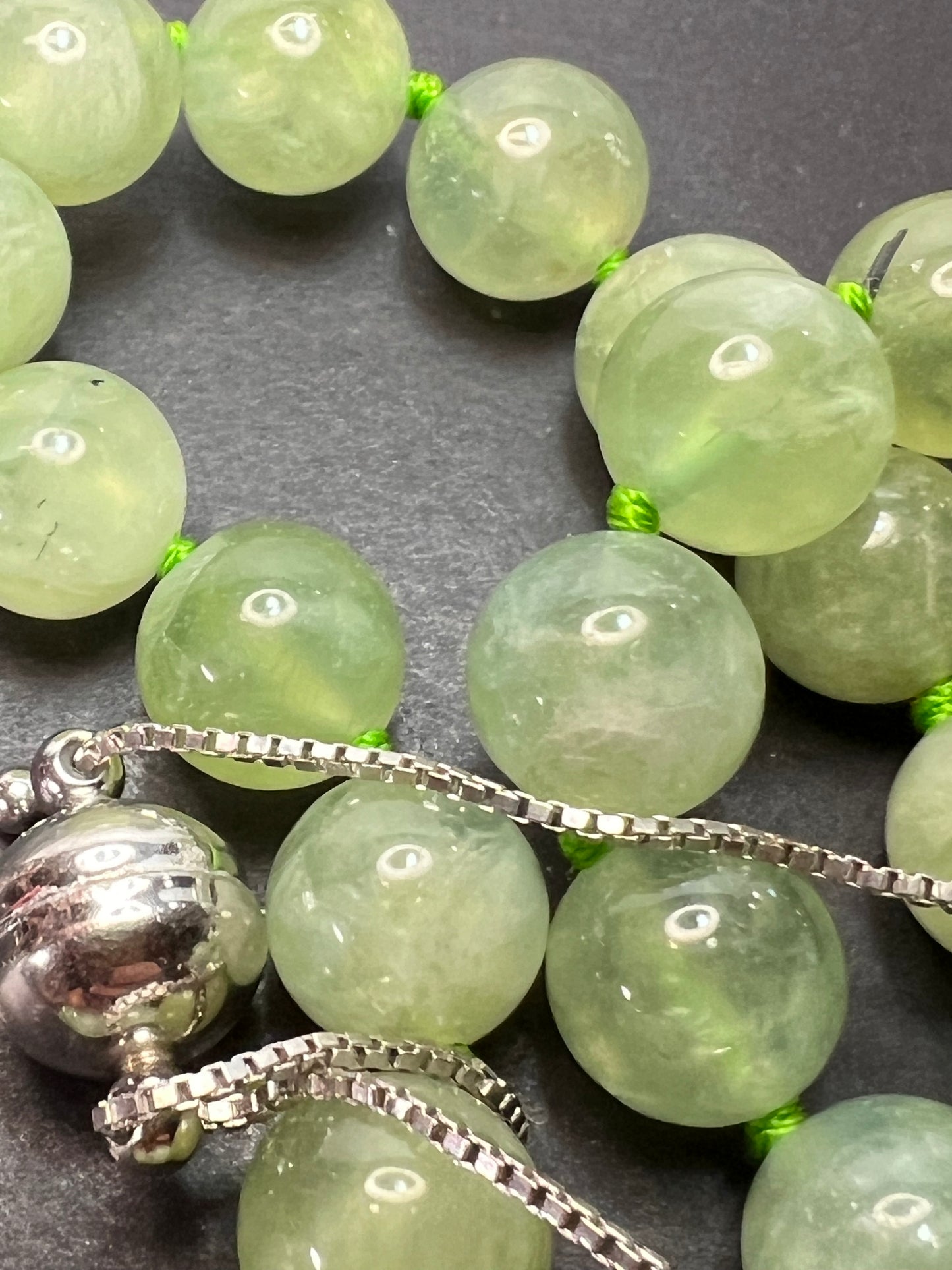 Prehnite knotted sterling silver bolo necklace