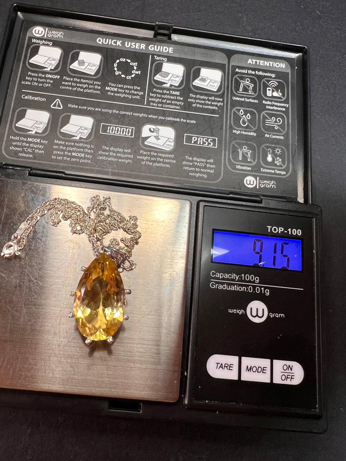 Pear cut citrine sterling silver pendant and chain