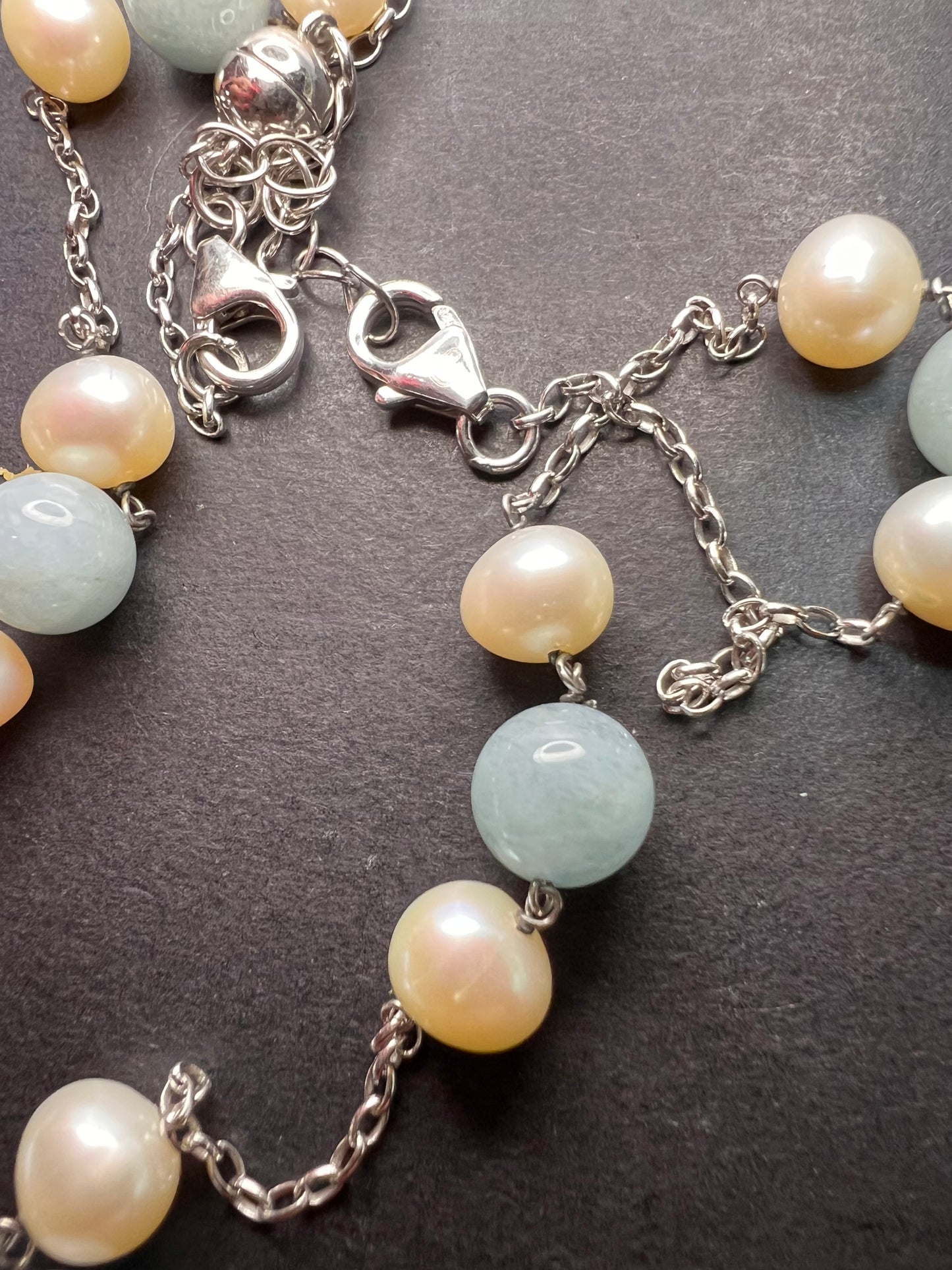 Aquamarine and pearl sterling silver station necklace