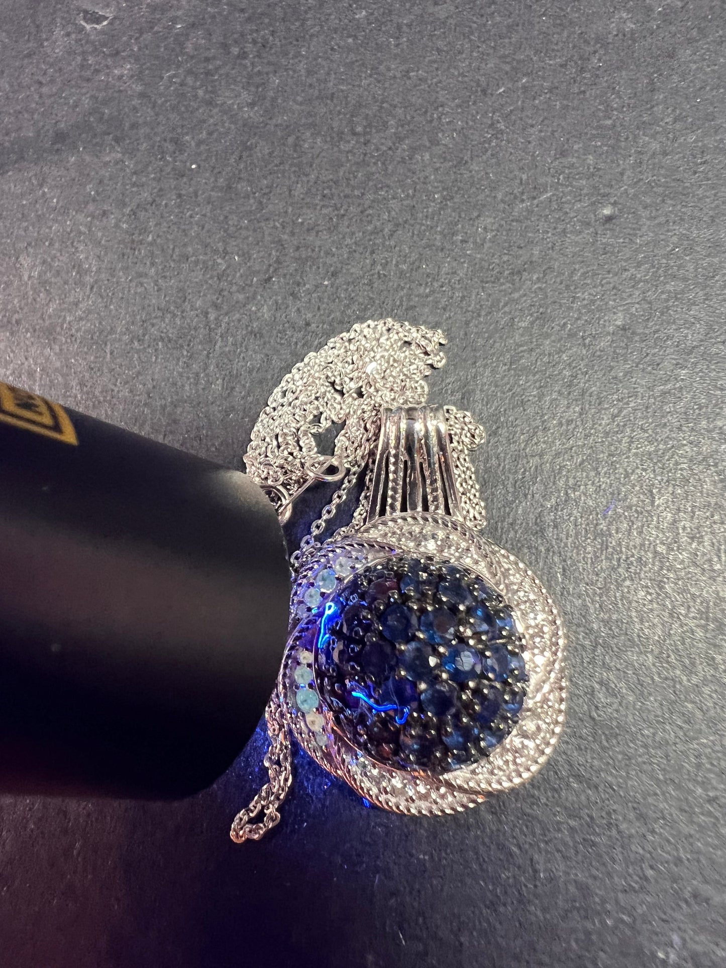 NEW blue sapphire and zircon galaxy halo pendant and chain in rhodium over sterling silver