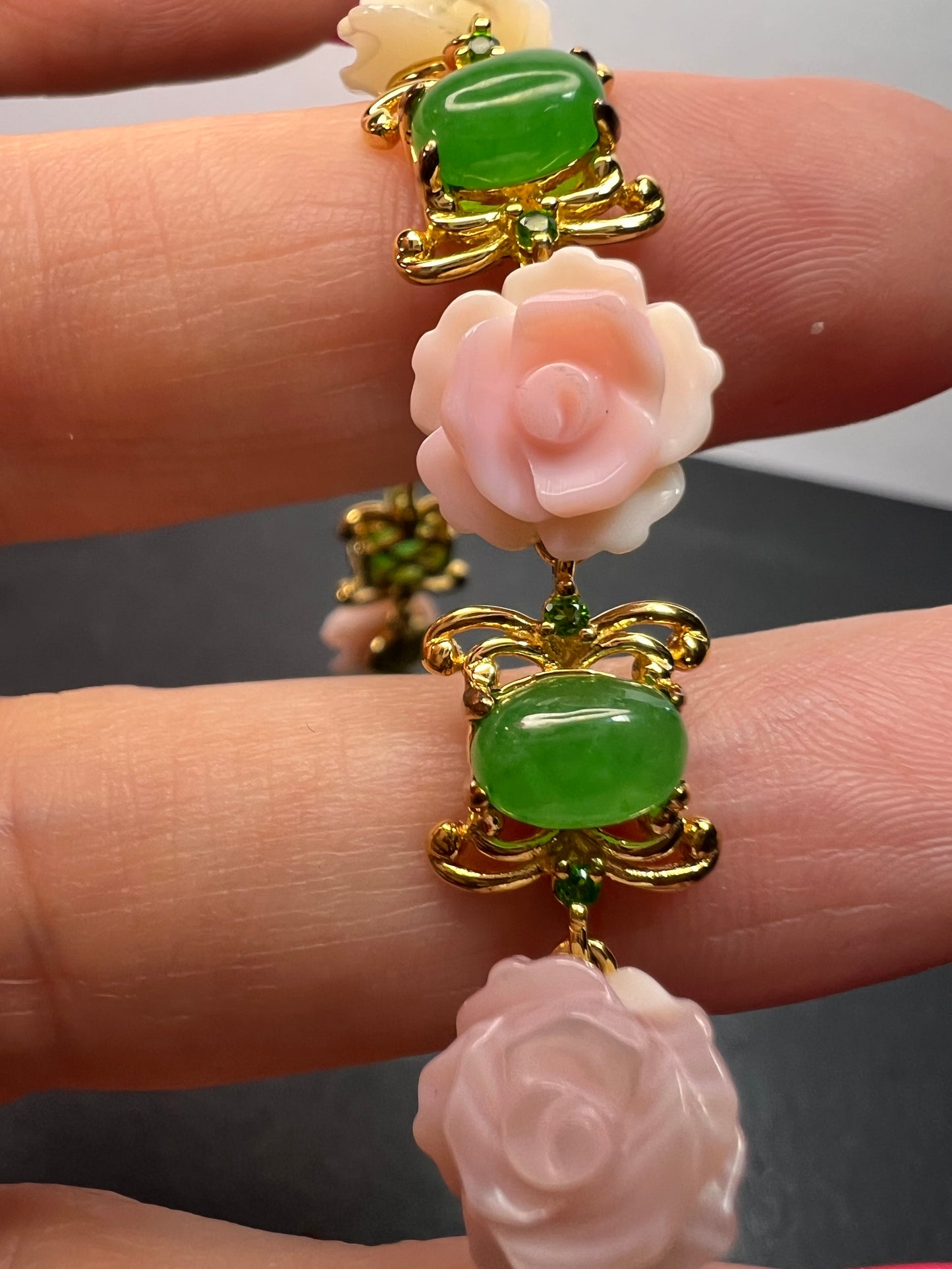 Mother of pearl roses , jade and chrome diopside bracelet in gold over sterling silver 7.5 inches