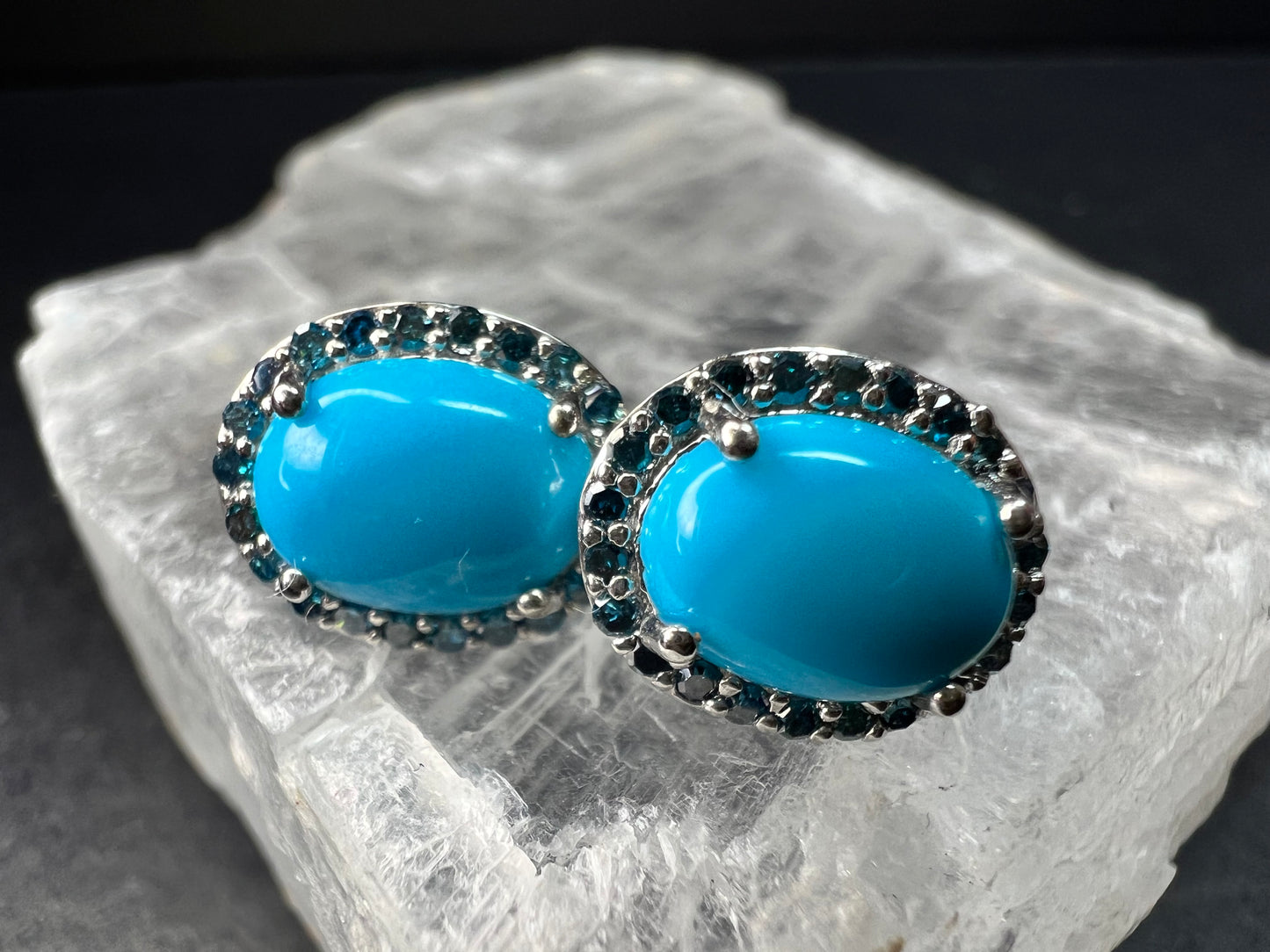 Turquoise & Blue Diamond Sterling Silver Halo Stud Earrings 925 Oval