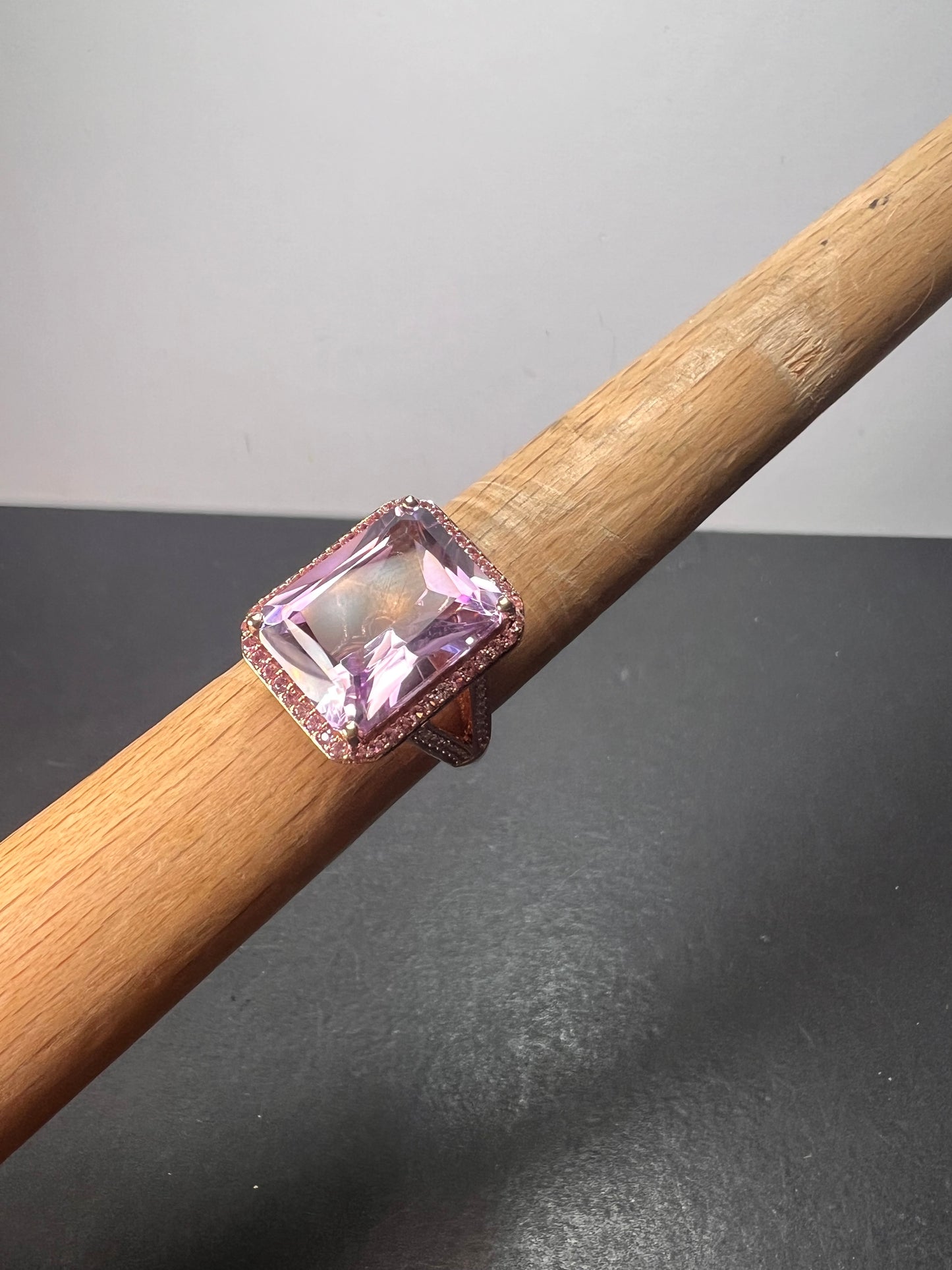 Radiant cut rose de France amethyst and pink sapphire halo ring in rose gold vermeil over sterling silver size 8 *NEW*