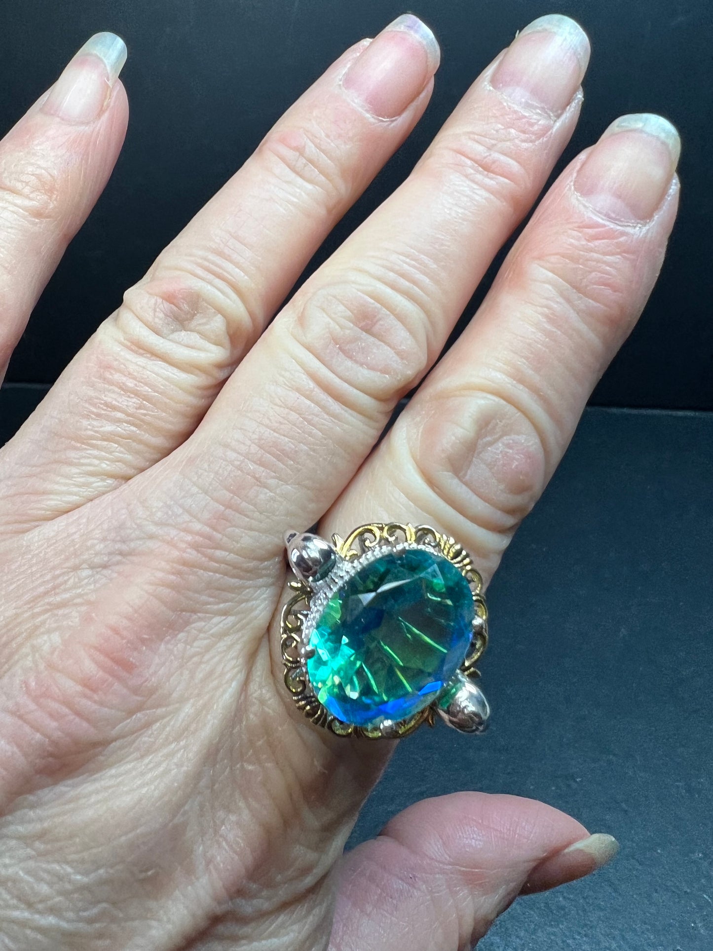 Sterling Silver Peacock Quartz Statement Ring Size 9