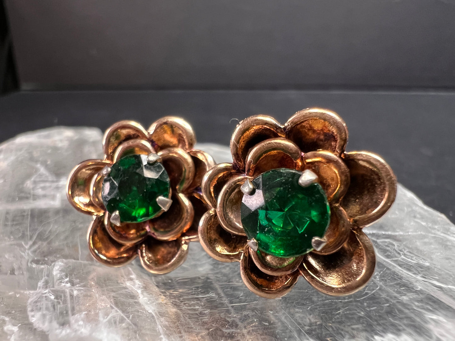 Vintage 1940s Vermeil Flower Screw Back Green Paste Earrings