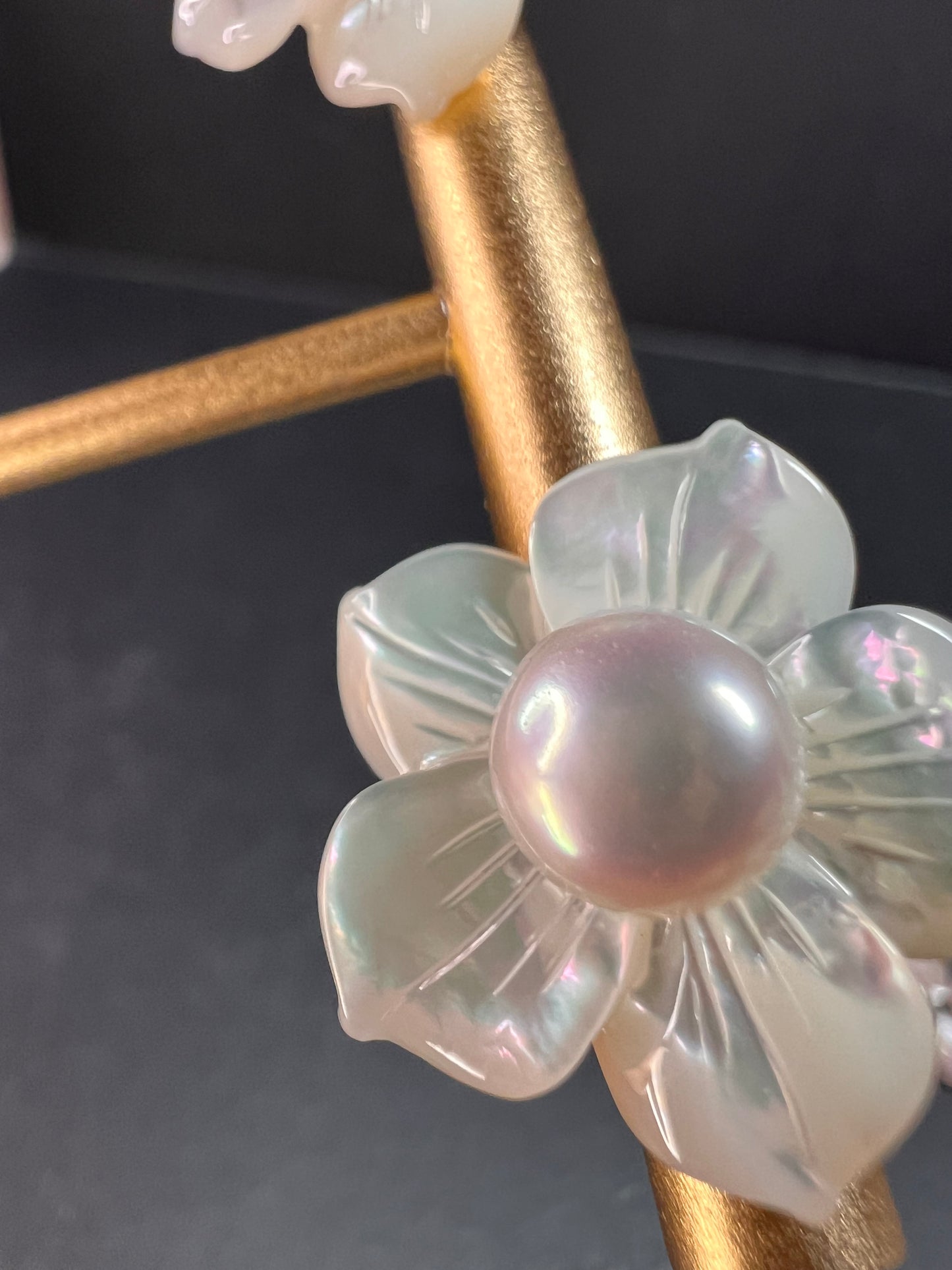 Vintage dead stock set of mother of pearl plumeria stud earrings in sterling silver