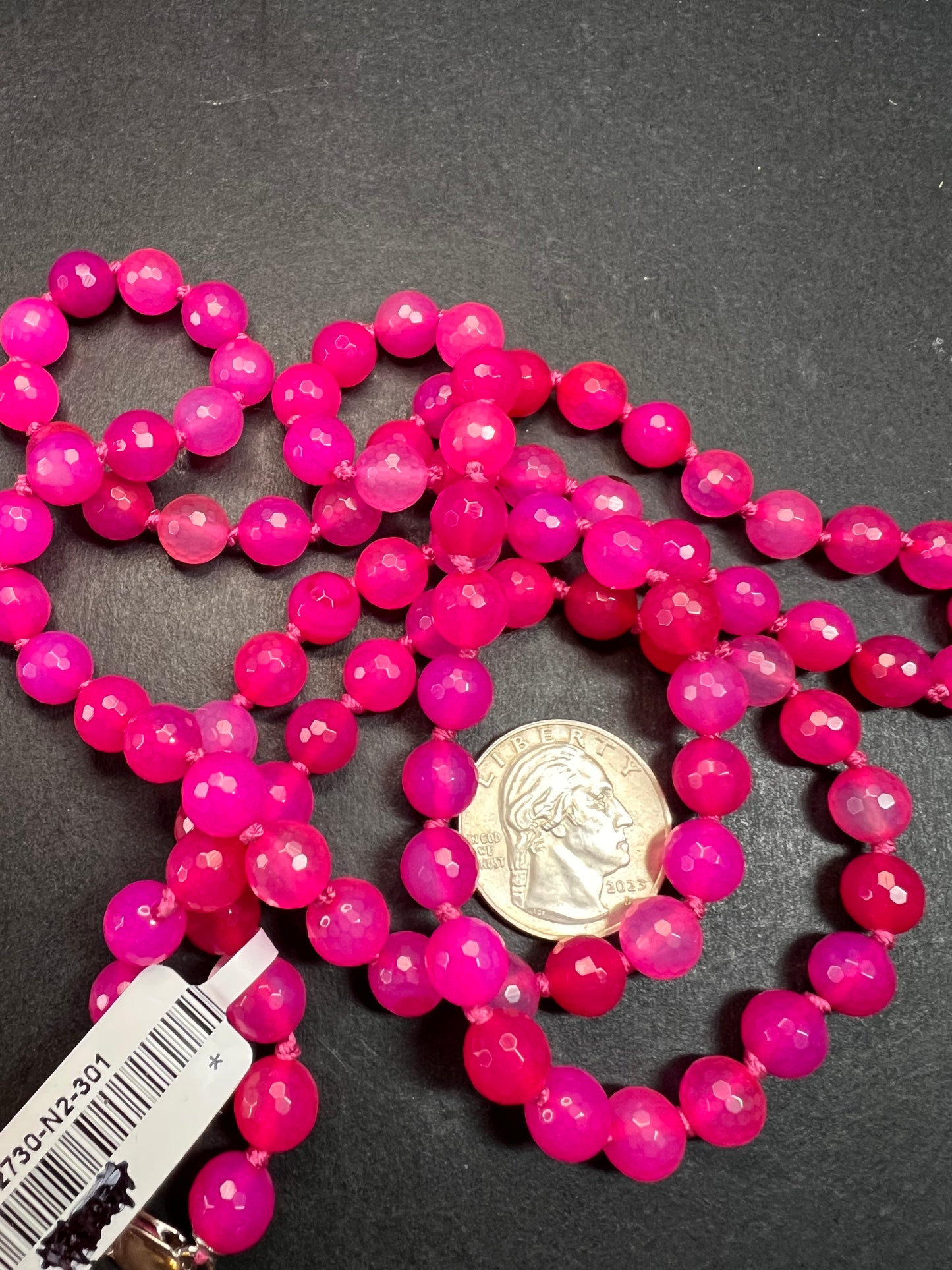 NEW fuchsia pink dyed agate 36 inch knotted bead necklace with sterling silver clasp