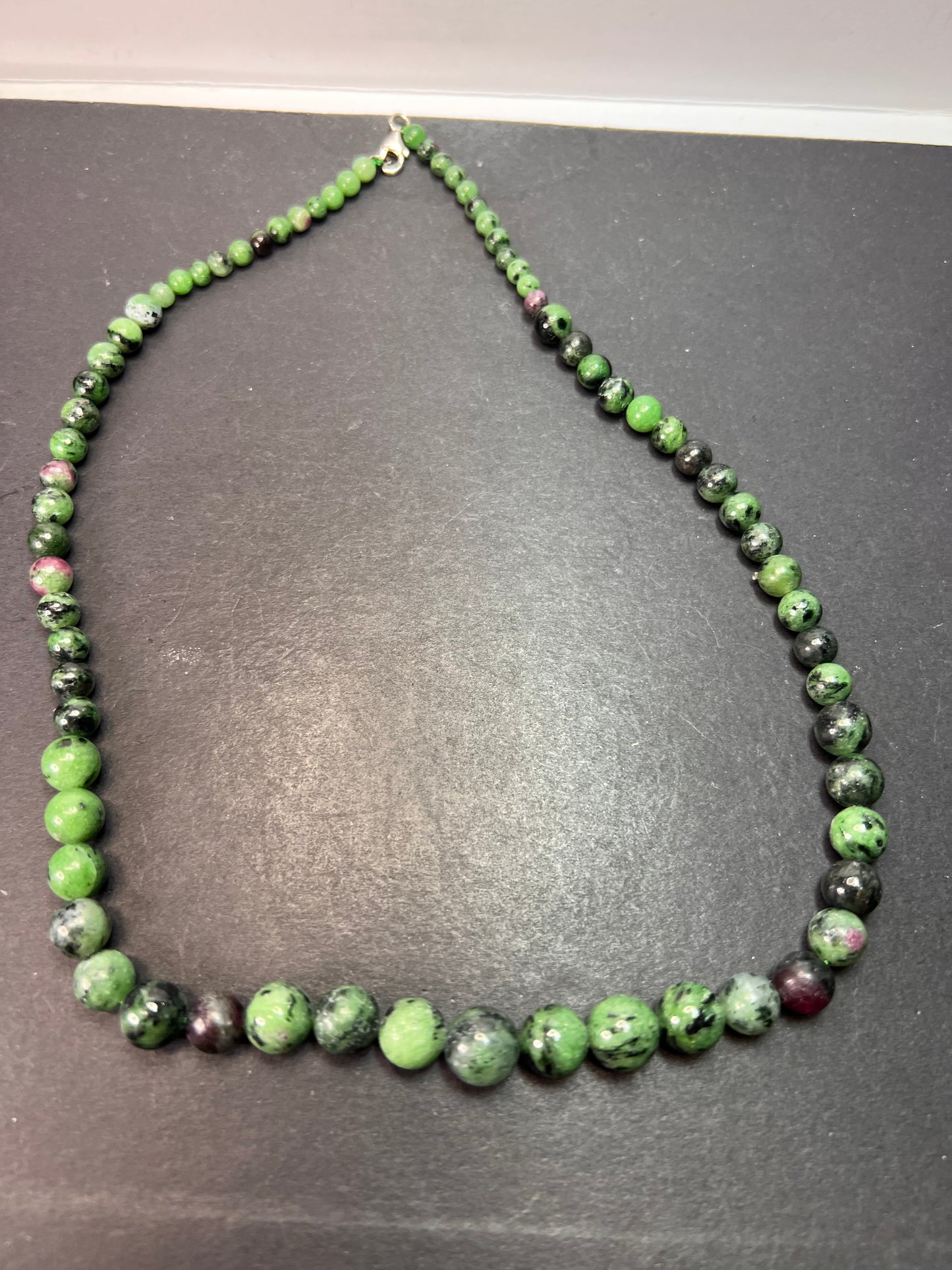 Ruby in zoisite graduated necklace with sterling silver clasp