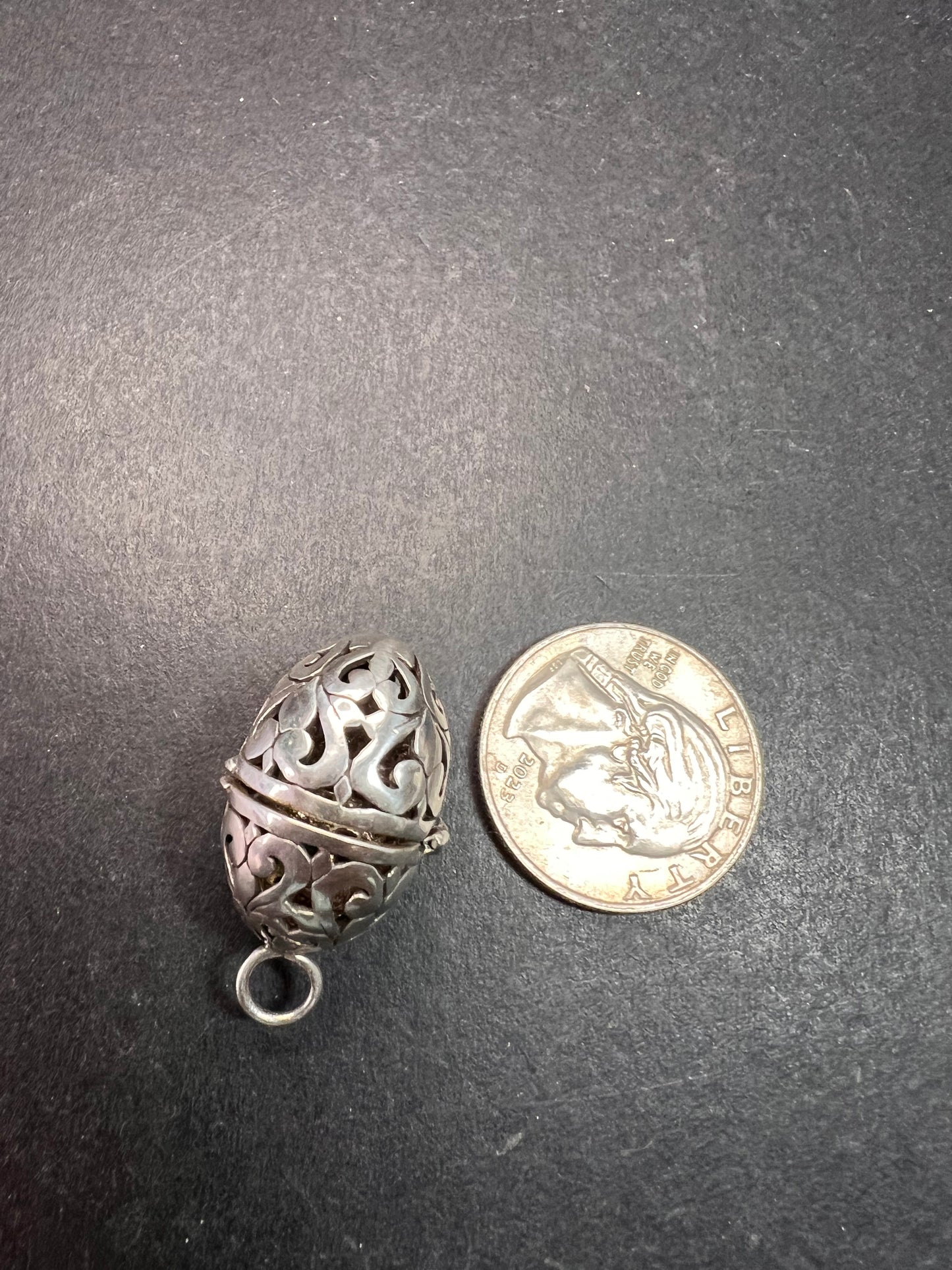 Vintage Sterling Silver Filigree Egg Locket Charm