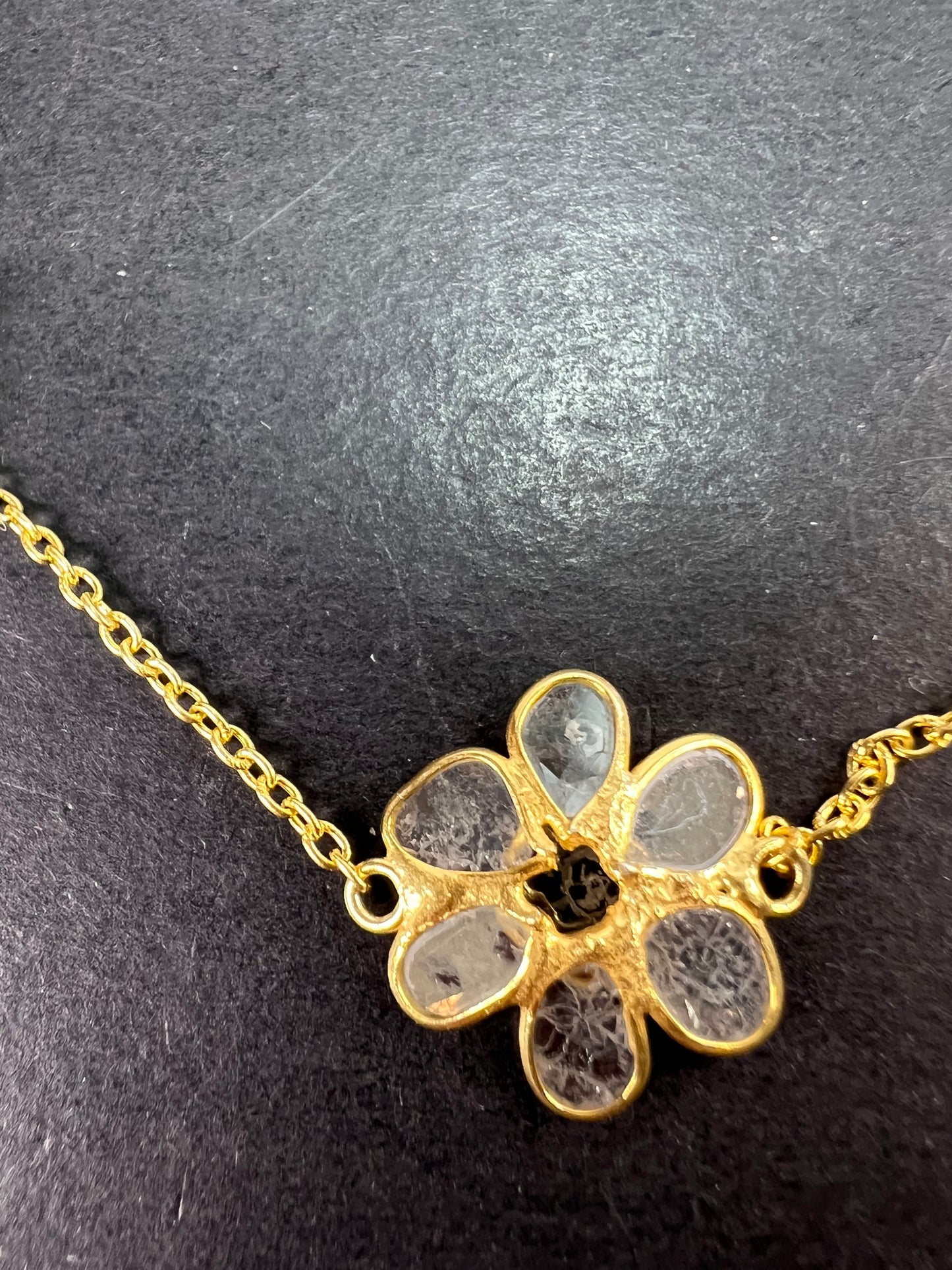 Polki diamond flowers station necklace in vermeil yellow gold over sterling silver