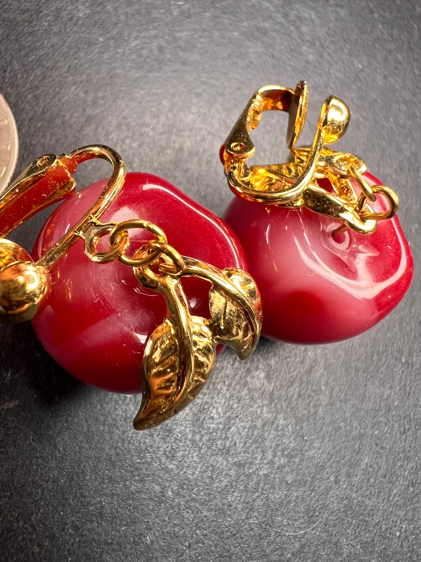 Avon "Apple A Day" Vintage Clip Earrings | Red Lucite Dangle Costume Jewelry