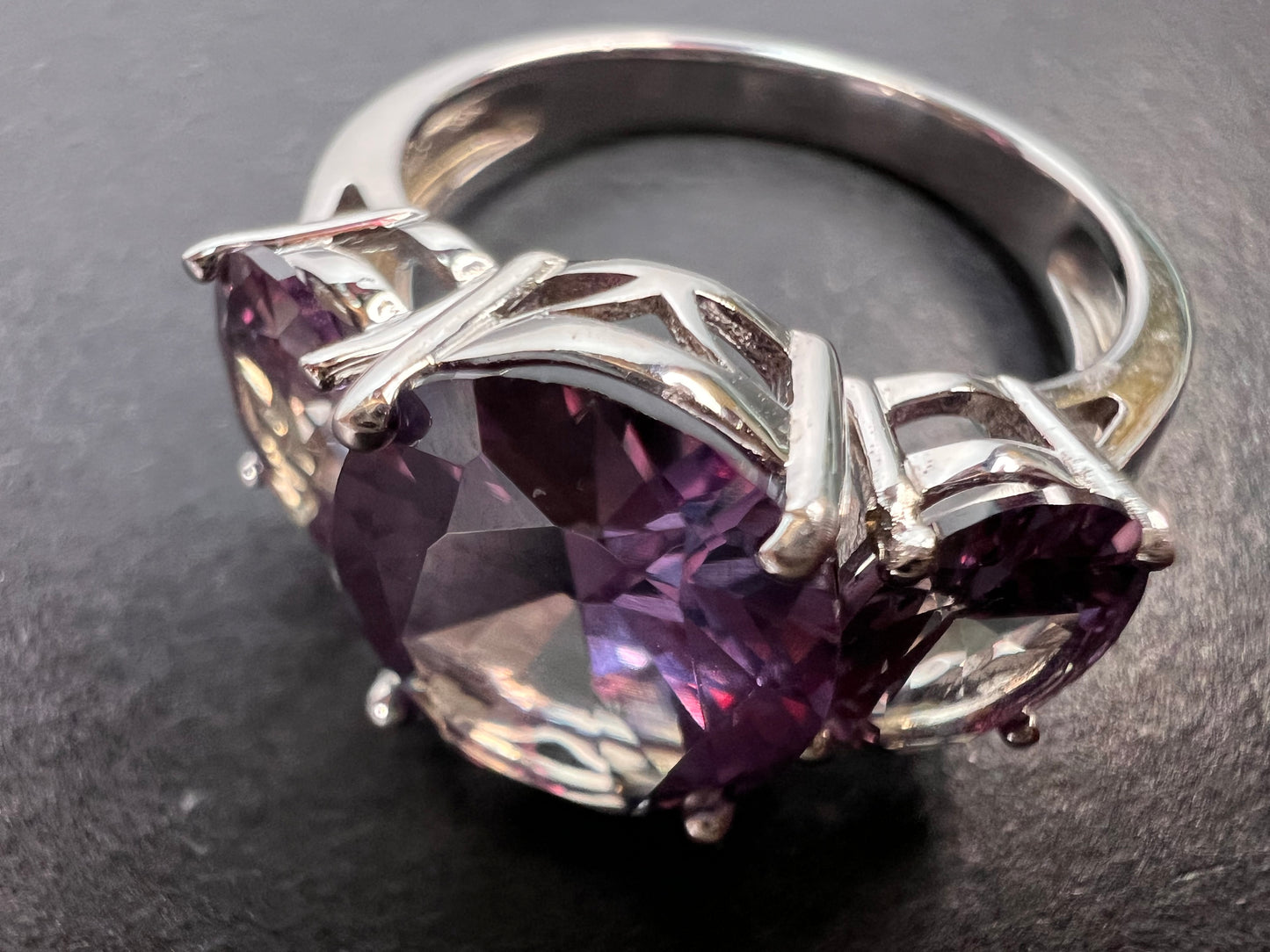 Lab created alexandrite trilogy ring in rhodium over sterling silver size 9