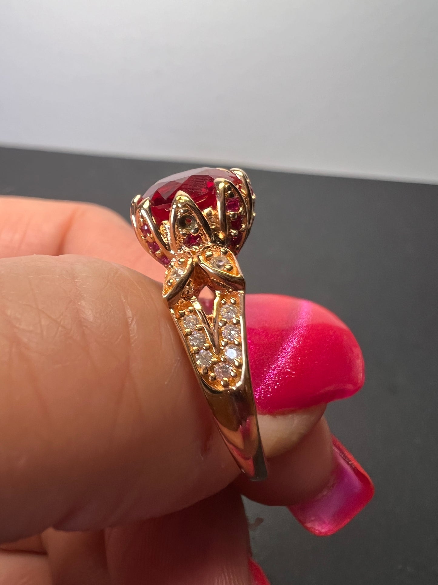 Lab Ruby and pink sapphire rose gold over sterling statement ring size 10