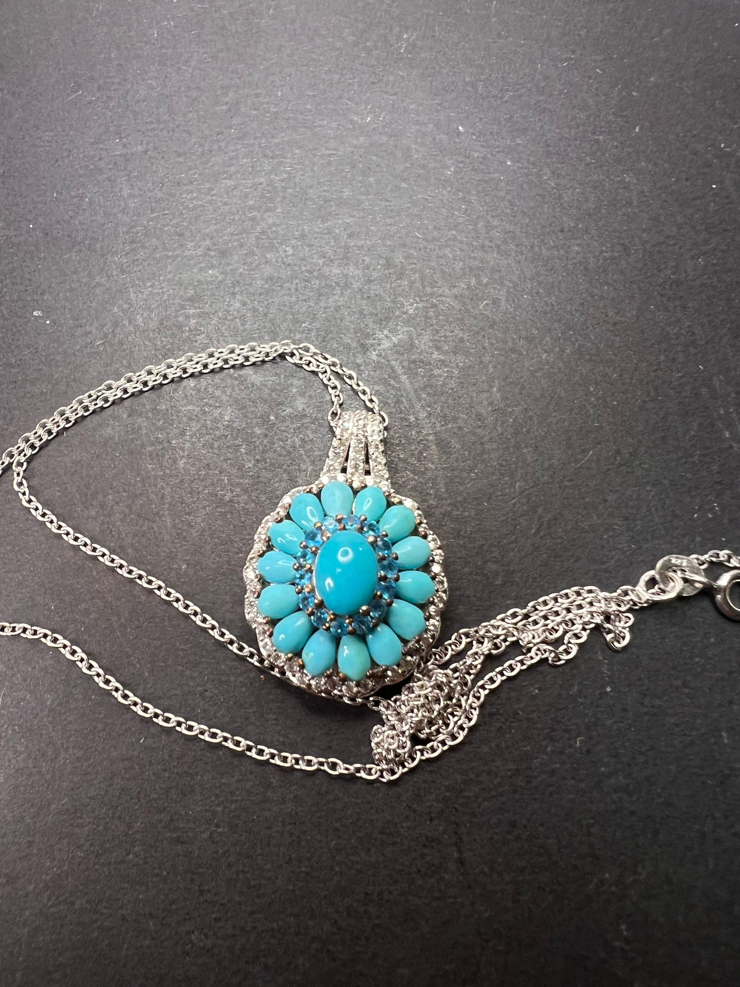 Turquoise and neon blue apatite halo sterling silver necklace with chain