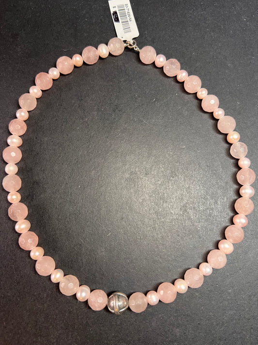 NEW rose quartz and pearl sterling silver necklace