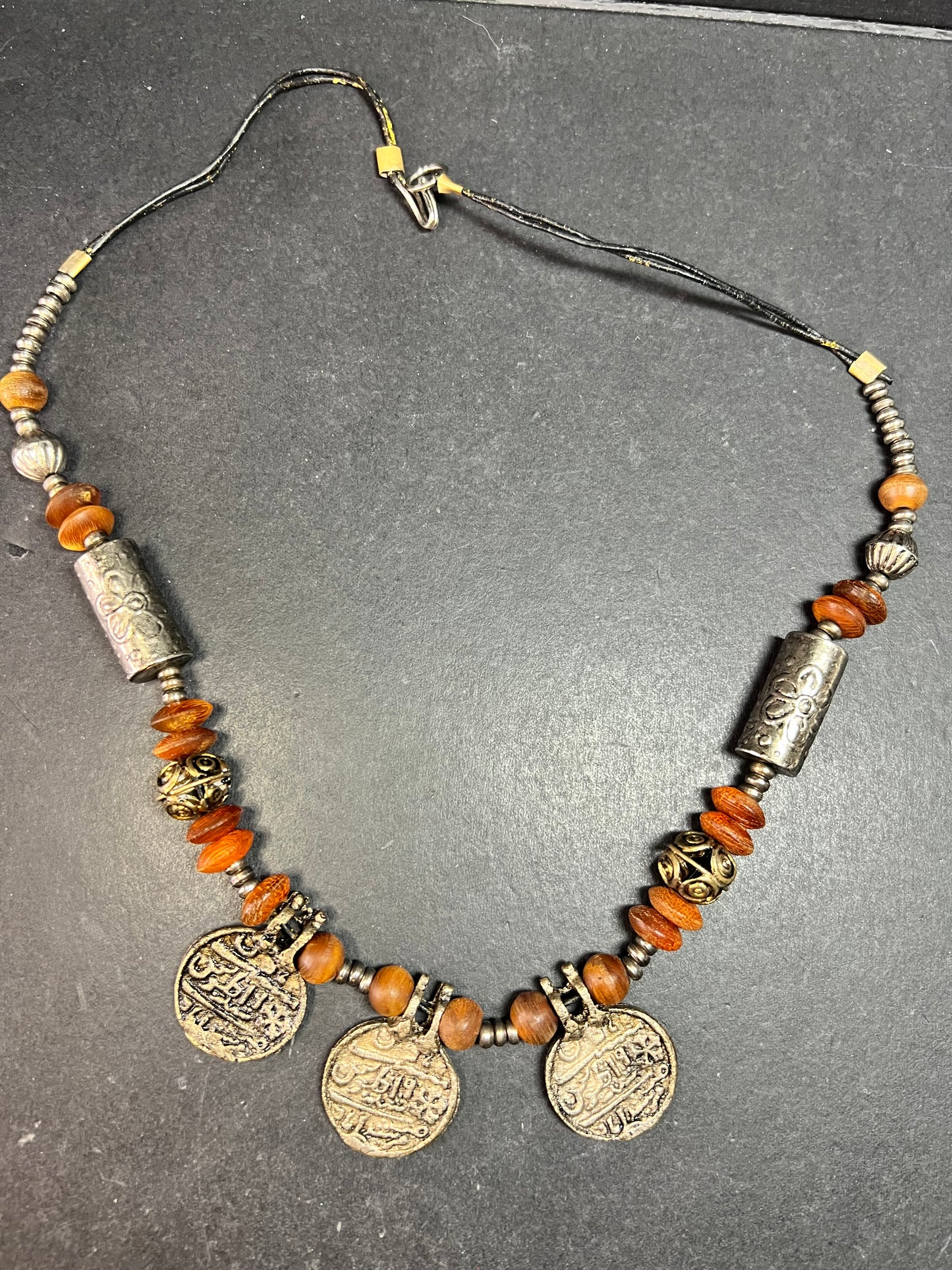 Vintage Berber Amber Resin Coin Necklace Tribal North African Style