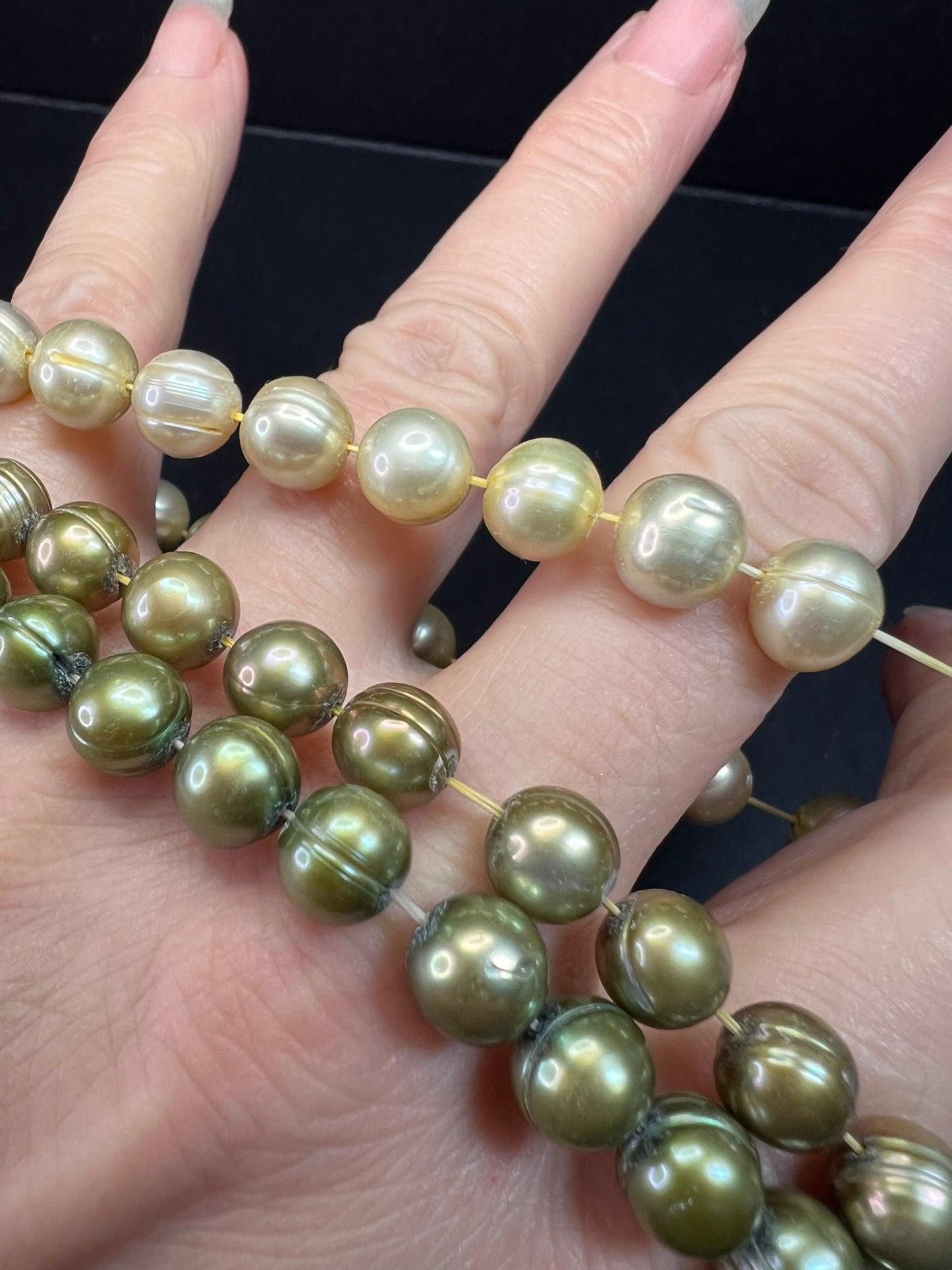 Set of three freshwater pearl shades of green stretch bracelets