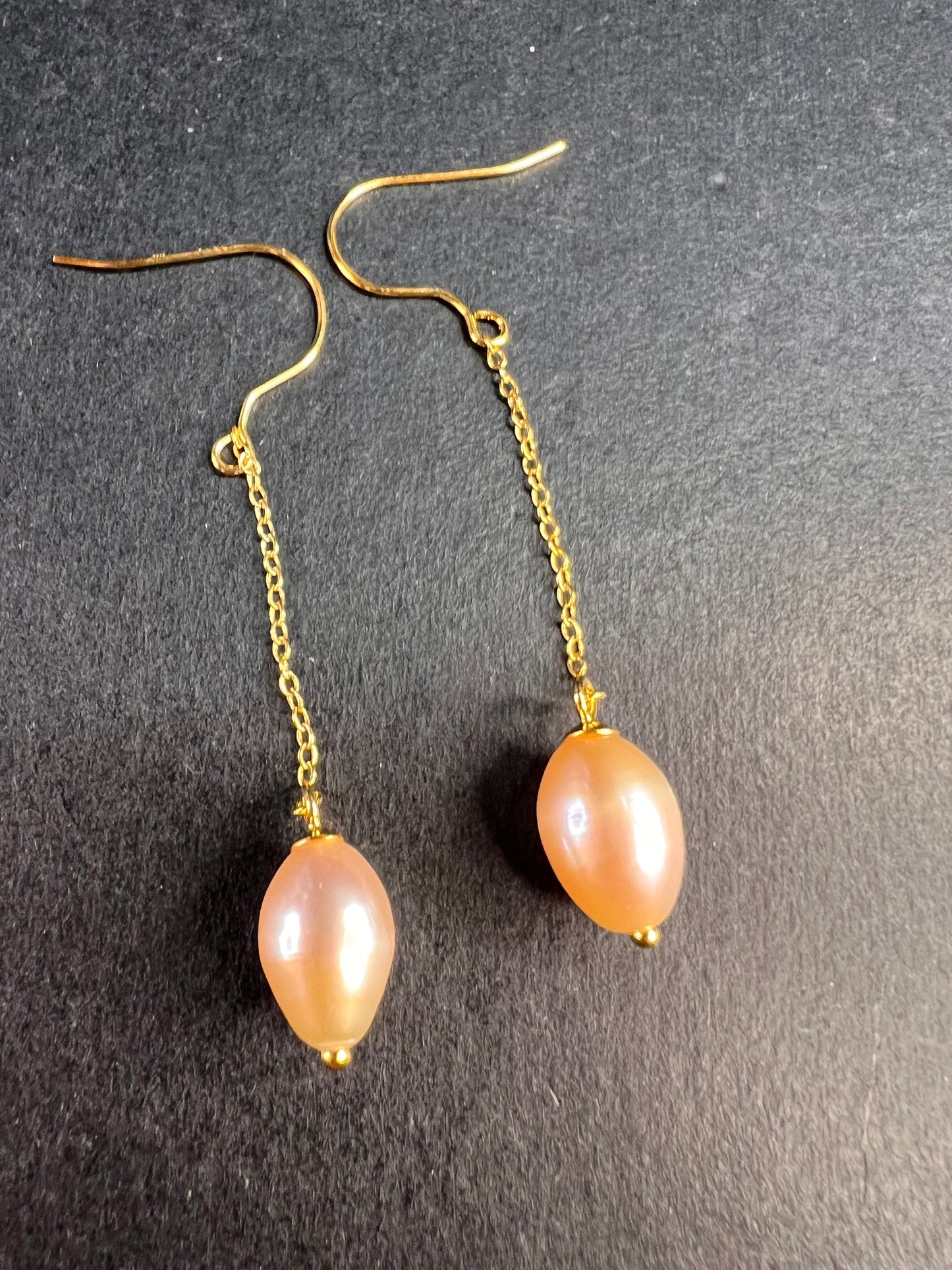 NEW peachy pink freshwater pearl chain dangles on gold over sterling silver