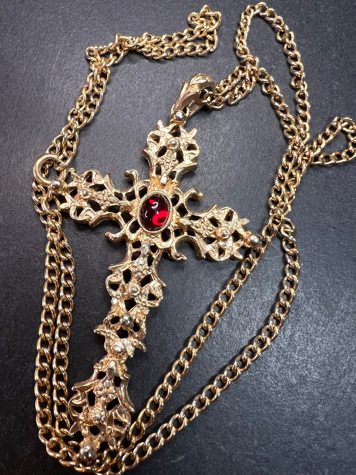 Vintage Avon Red Cabochon Filigree Cross Necklace 24”
