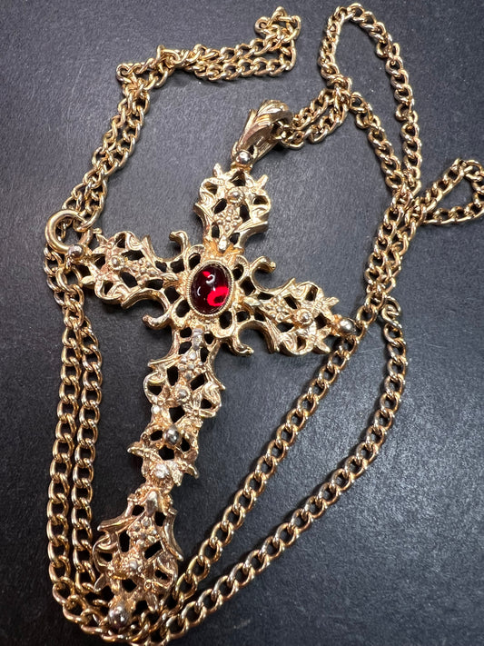 Vintage Avon Red Cabochon Filigree Cross Necklace 24”