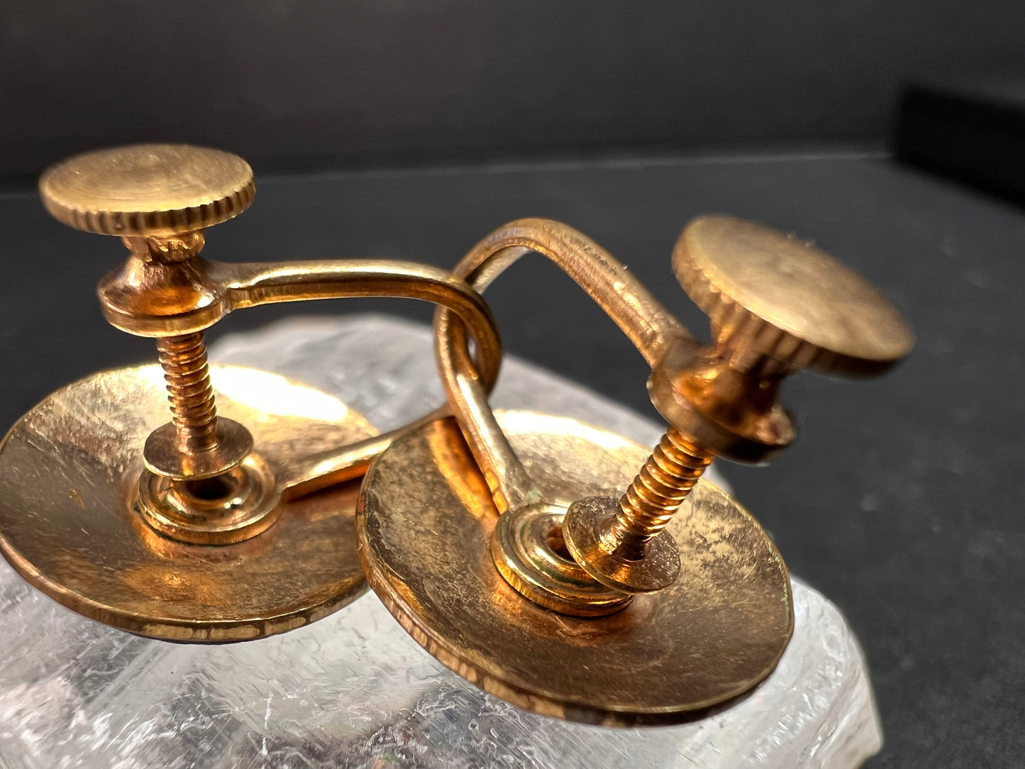 Vintage MCM Gold Tone Guilloche Enamel Pink Rose Screw Back Earrings