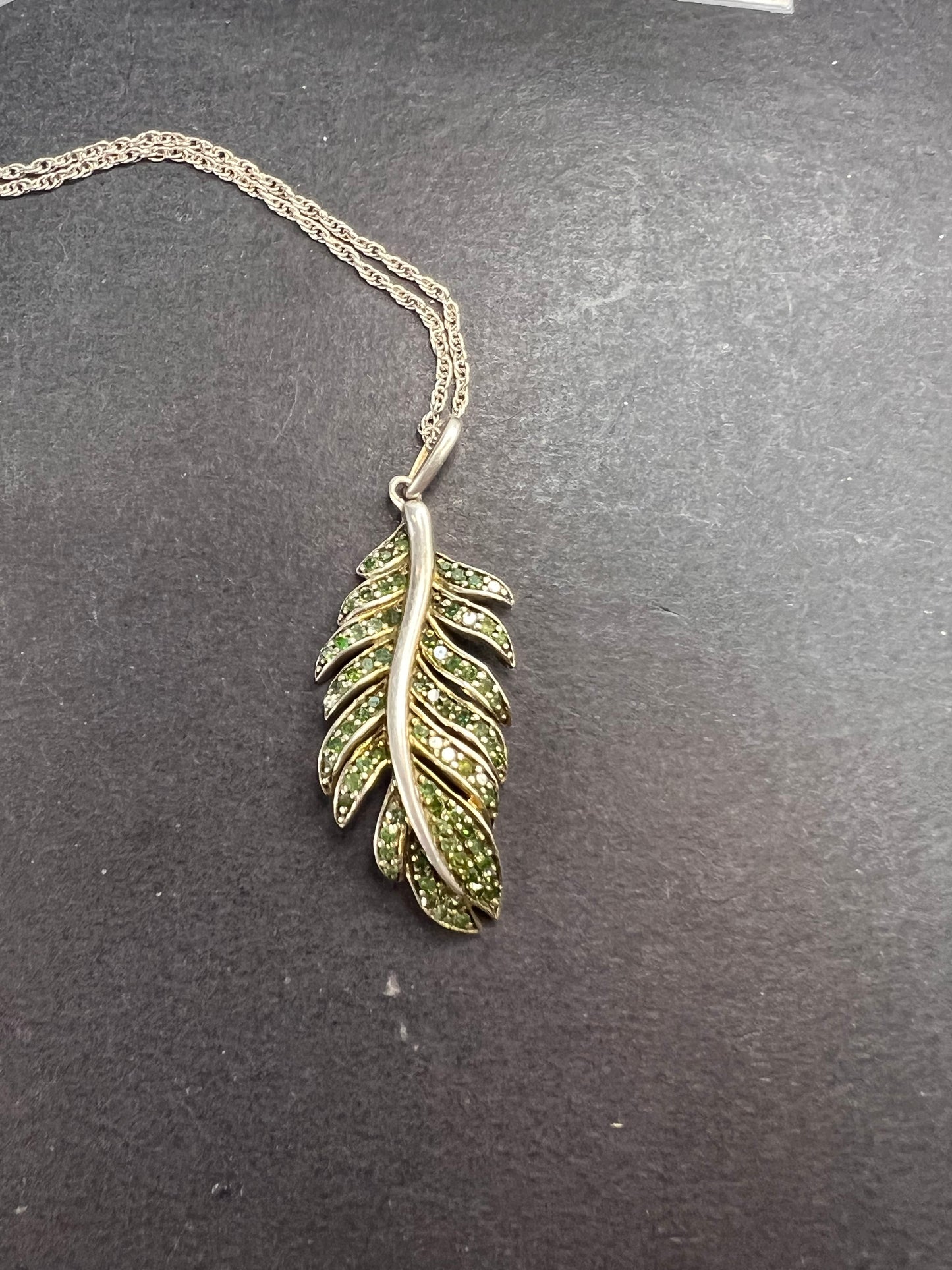 Natural green diamonds feather pendant and chain necklace in white gold over sterling silver