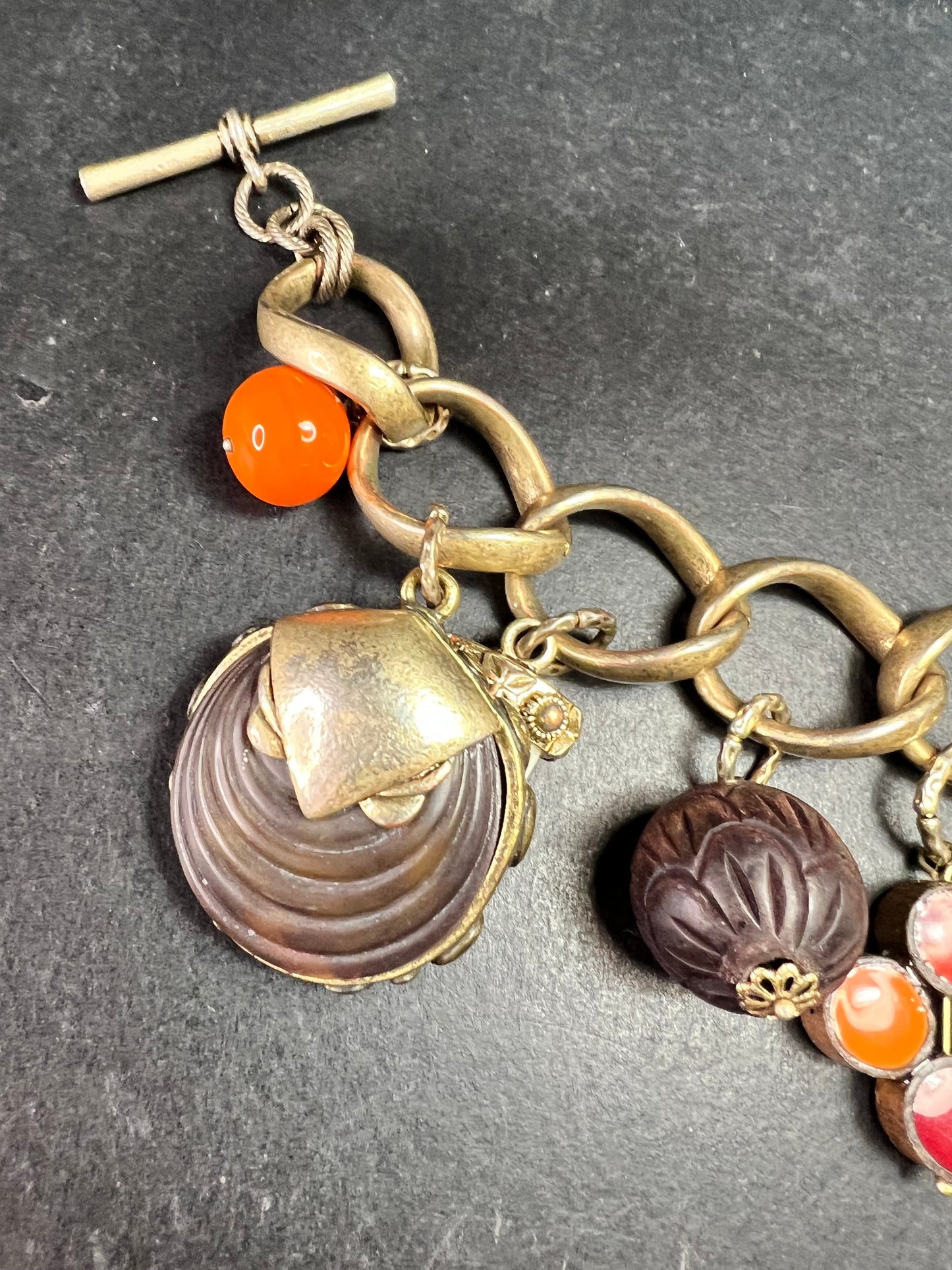 Vintage Charm Bracelet Brass Tone Glass Beads Chunky Statement 8 Inch