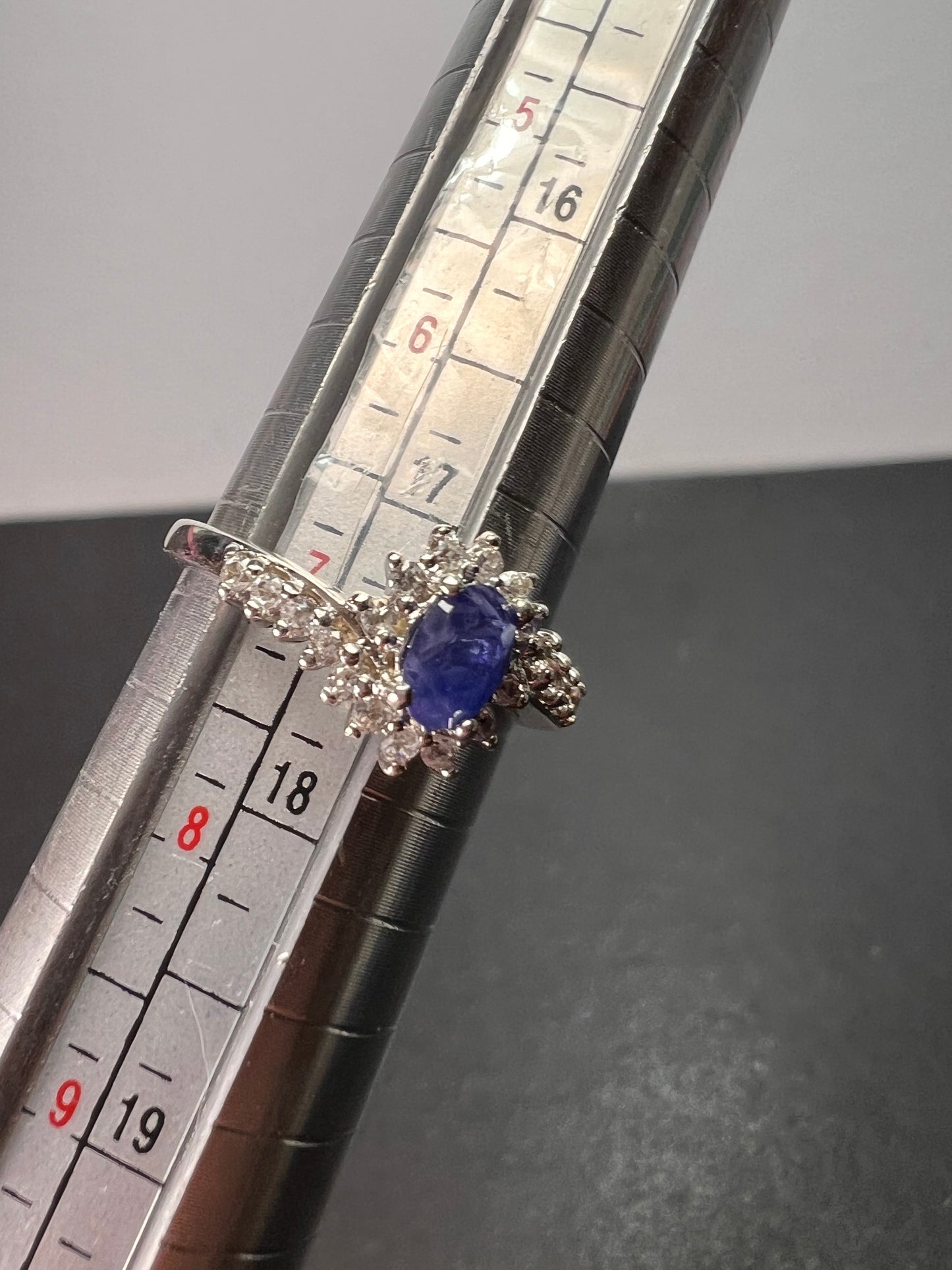 Blue sapphire and zircon ring in platinum over sterling silver size 7 *NEW*