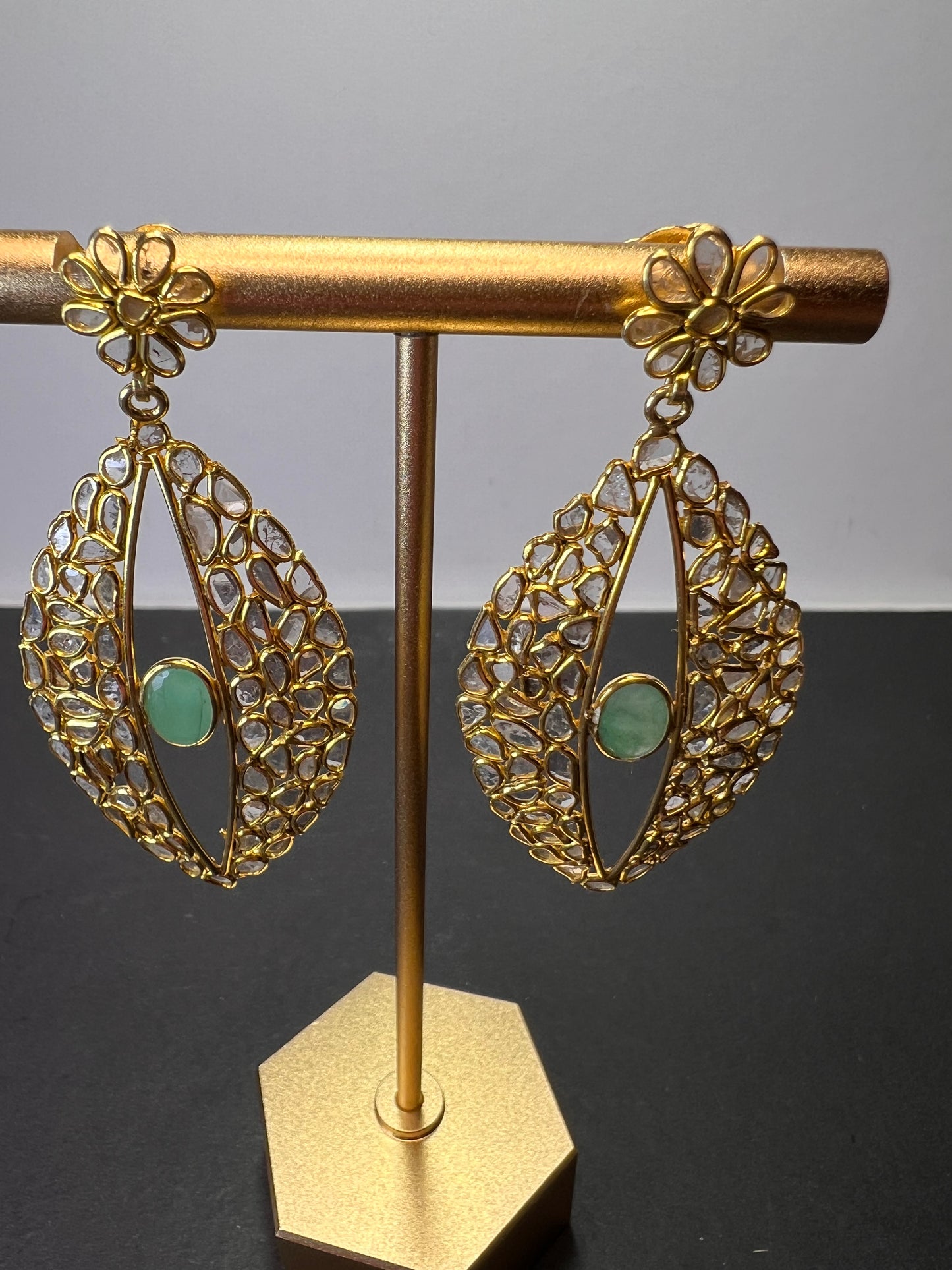 Polki diamond slices and emerald gold over sterling silver open marquee drop earrings