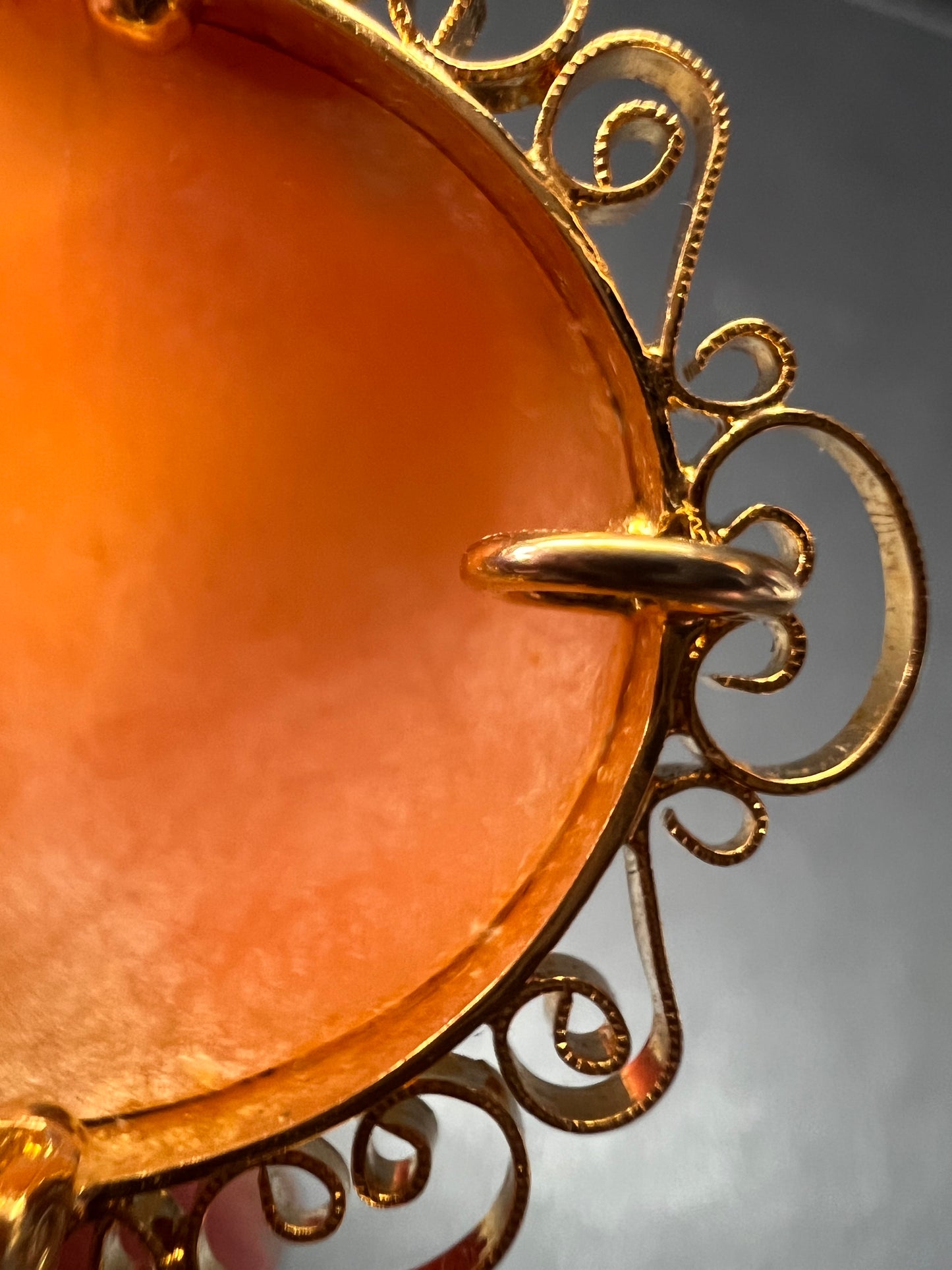 Vintage 1960s Hand Carved Shell Cameo Brooch Pendant – 12K Gold Filled Filigree Frame – 2” x 1.5”