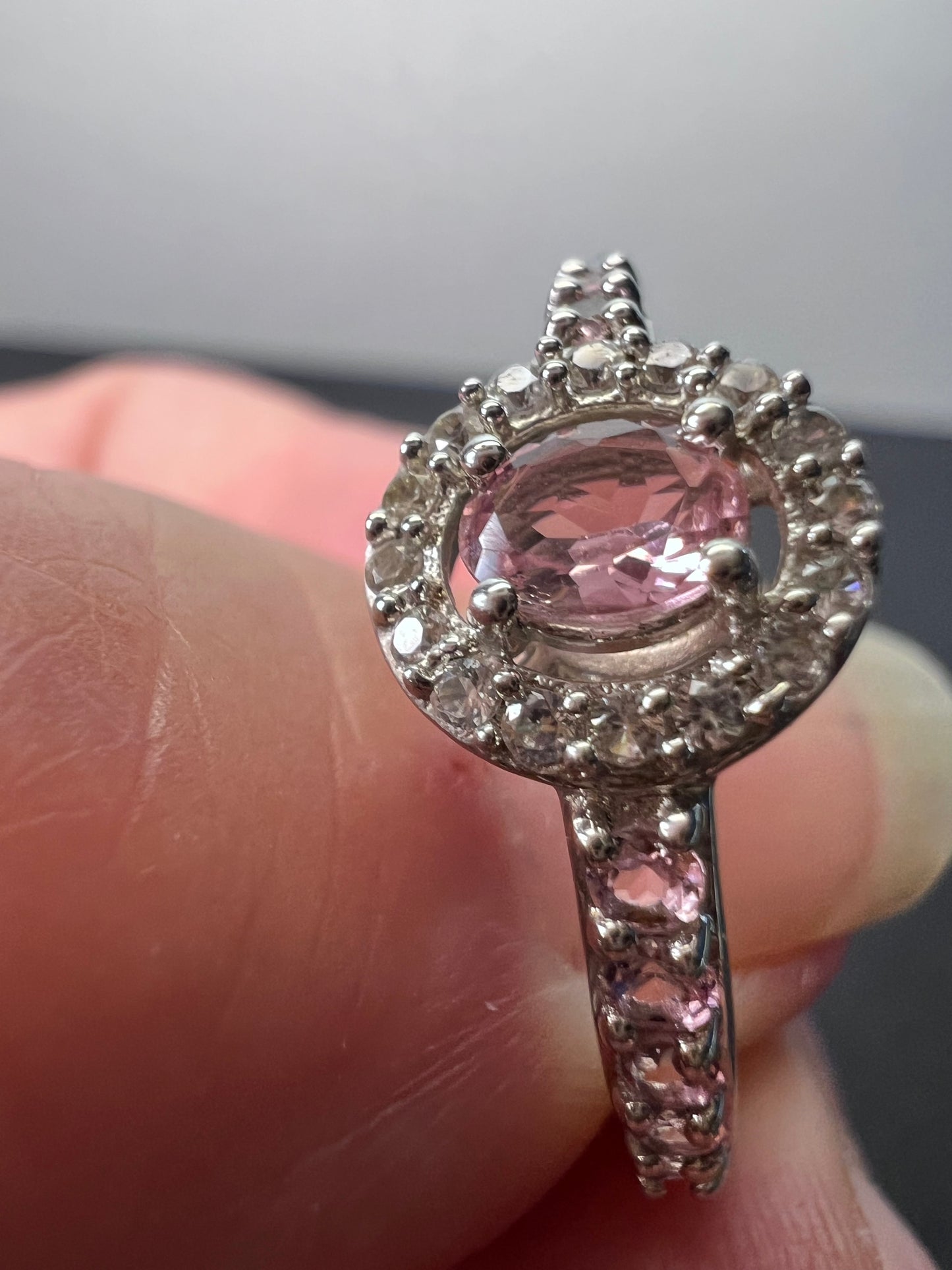 Pink tourmaline and white zircon sterling silver halo ring size 9