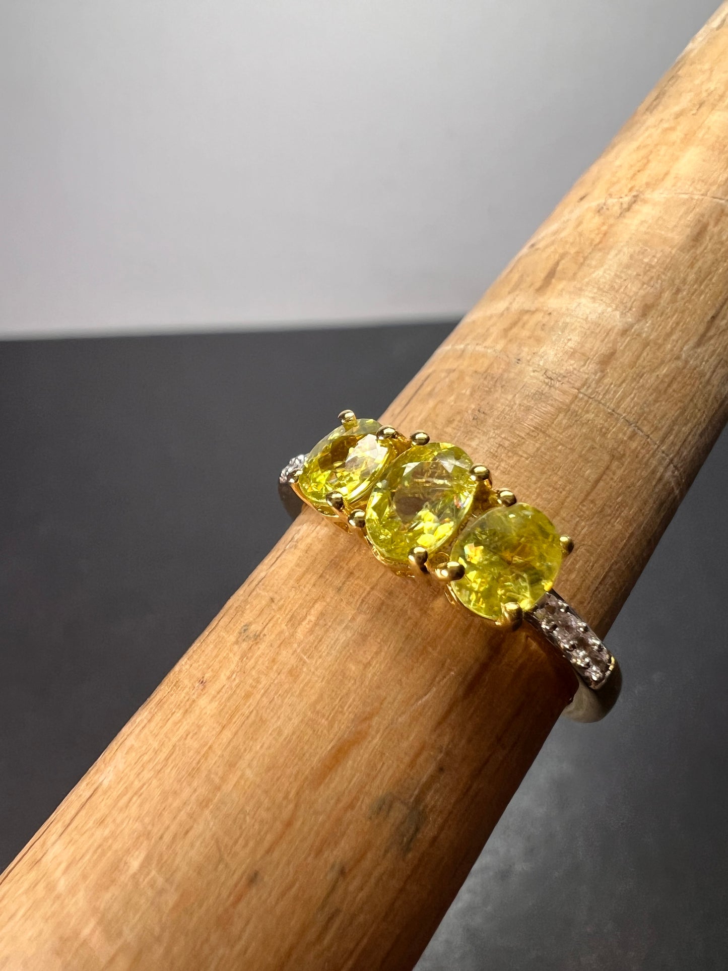 Sava sphene and white zircon triple stone ring in vermeil yellow gold over sterling silver size 8 *NEW*