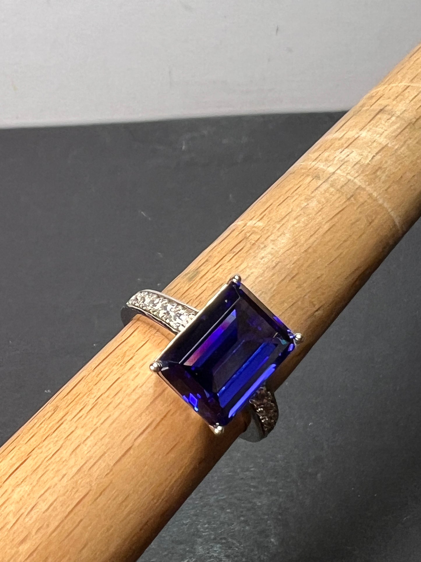 Emerald cut blue and white CZ sterling silver engagement ring 9.20 ctw size 9