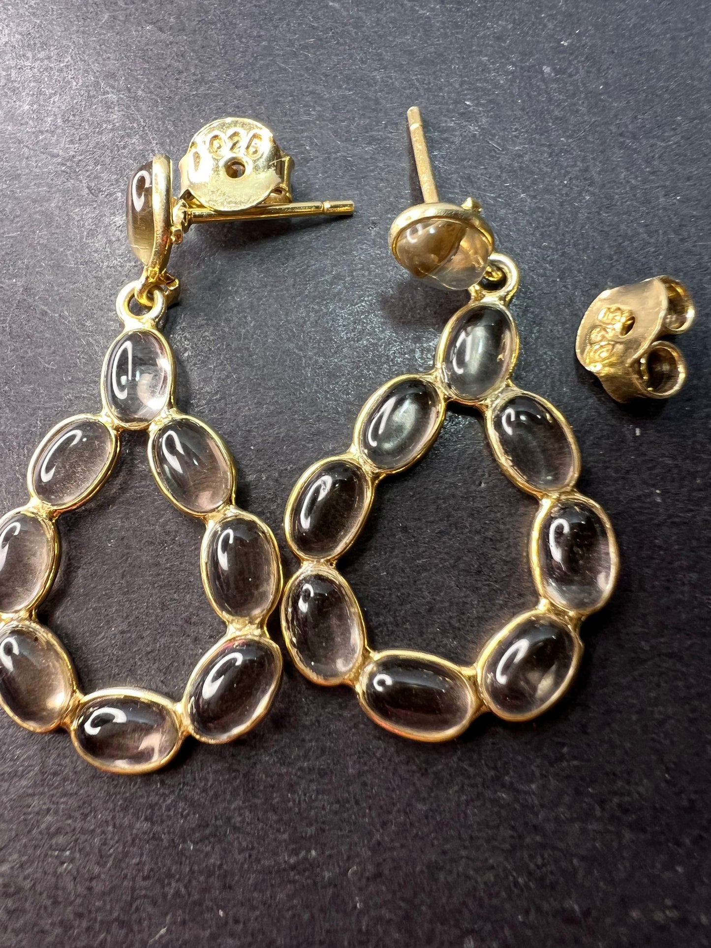 Smoky quartz open teardrop earrings in gold over sterling silver