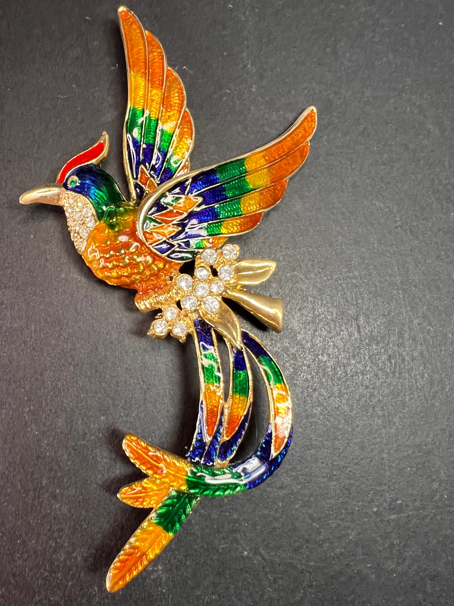 Vintage Enamel Phoenix Bird Rhinestone Statement Brooch Large Gold Tone