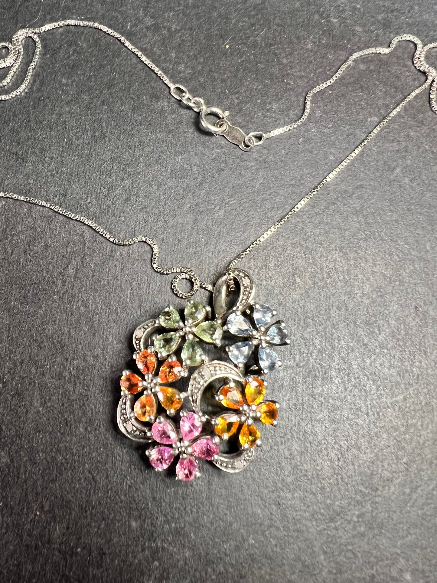 Vintage Sterling Silver Multi Sapphire & Diamond Flower Pendant
