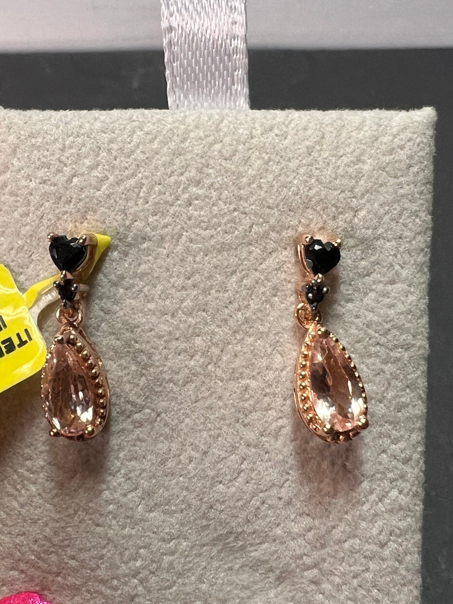 Peach morganite and black spinel heart rose gold over sterling silver earrings