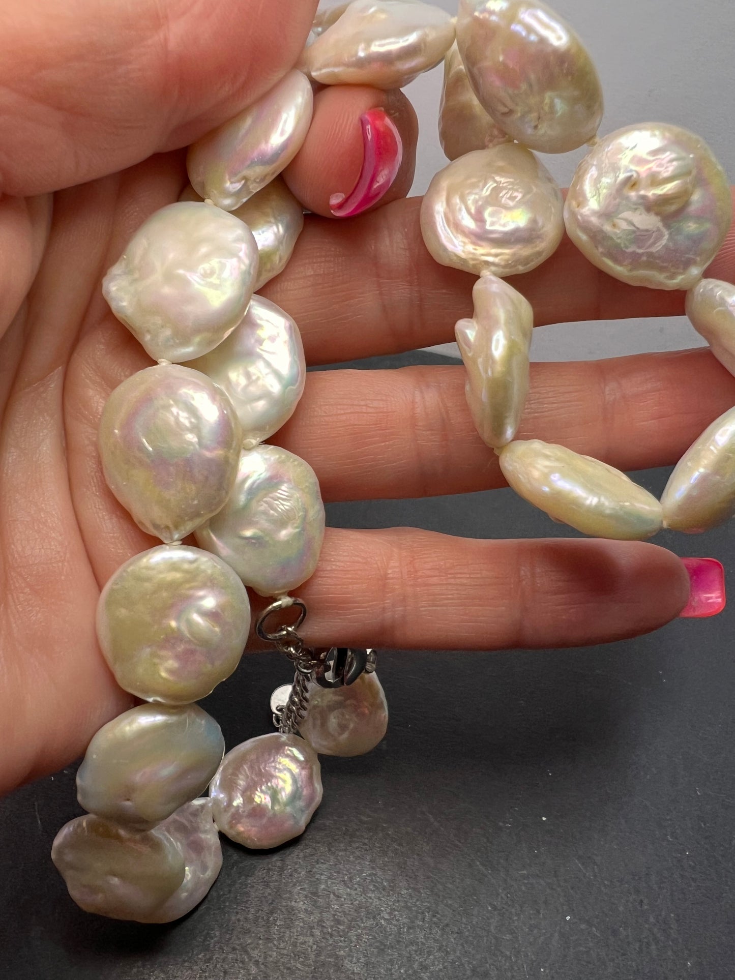 Cultured freshwater coin pearl necklace with sterling silver clasp and extension