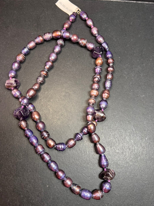 NEW purple pearls and amethyst necklace with sterling silver clasp