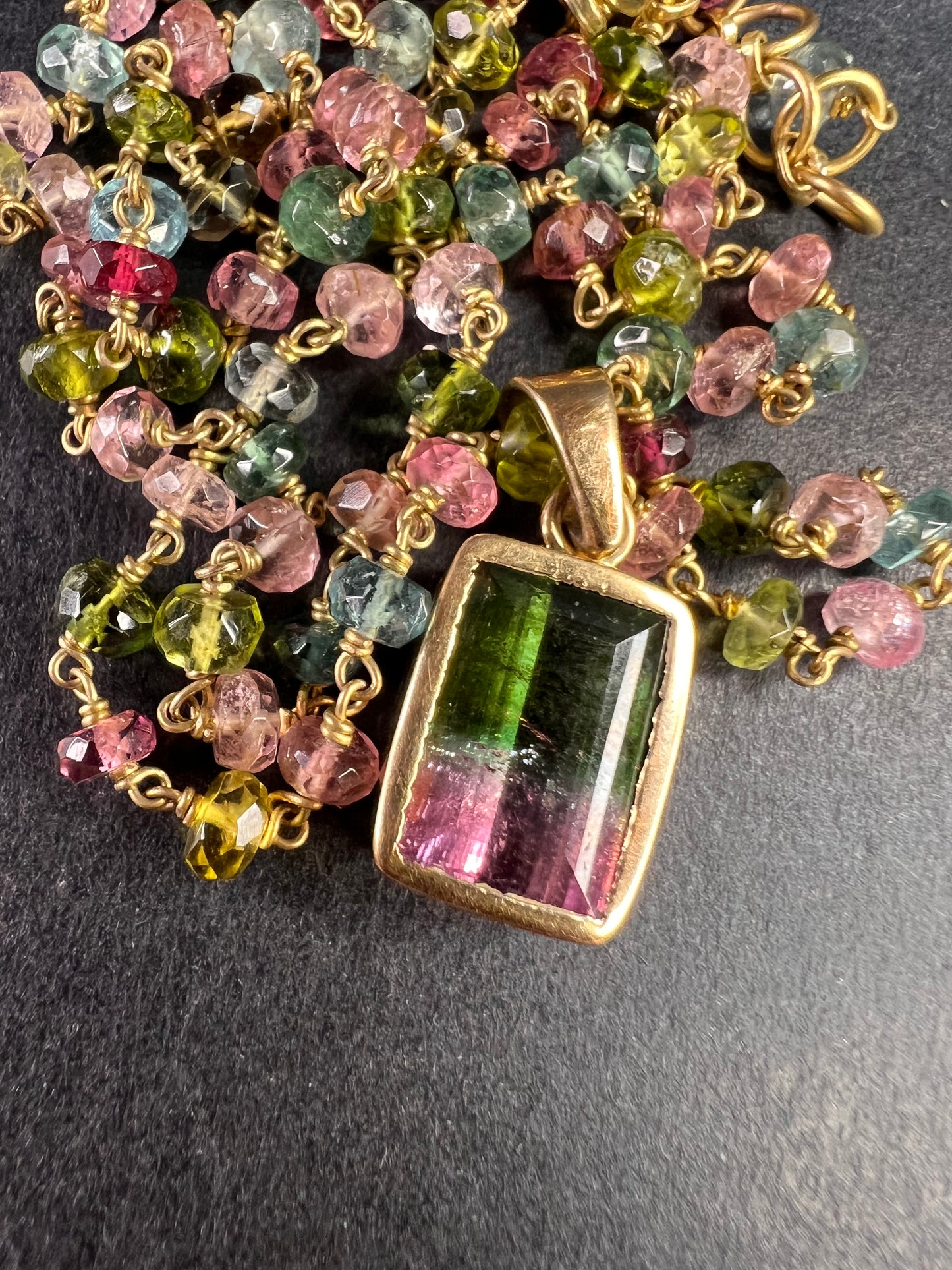 Vintage 14k & 18k gold watermelon tourmaline pendant necklace