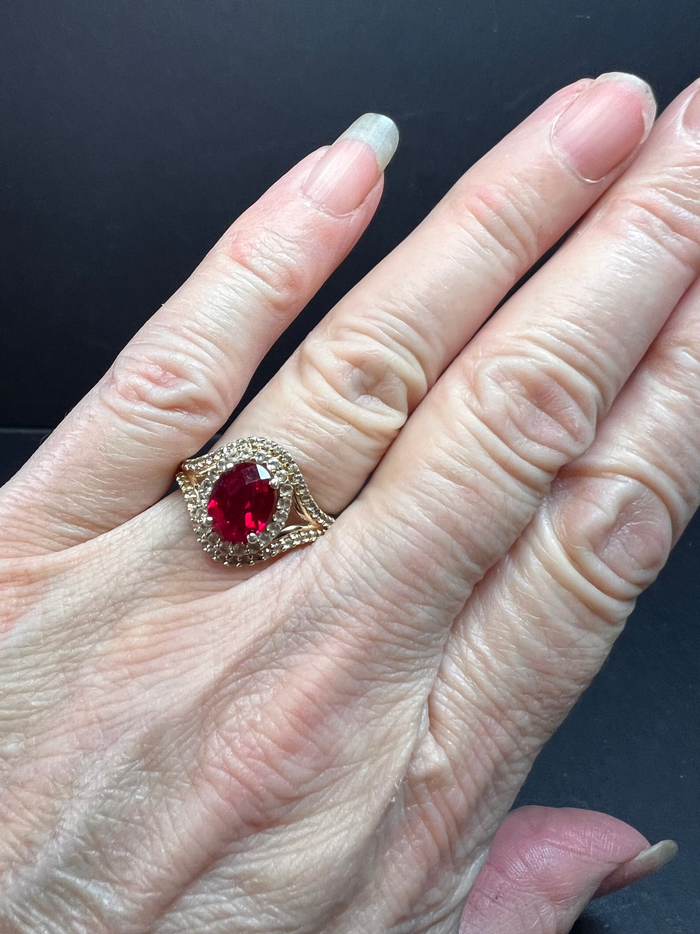 Lab Ruby and topaz halo ring in gold over sterling silver size 7