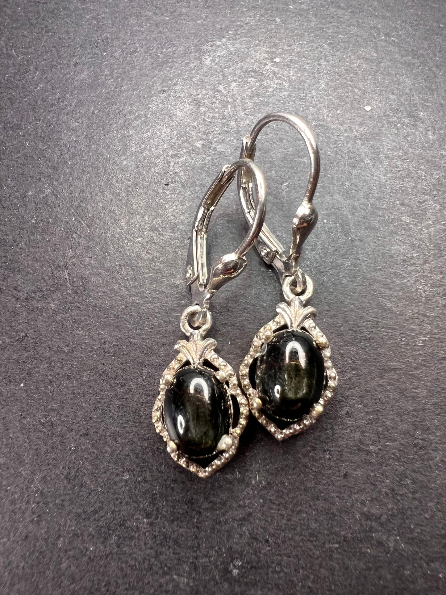 Black star sapphire sterling silver leverback earrings