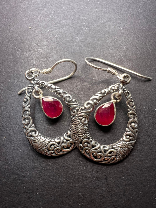 Ruby sterling silver open tear drop earrings