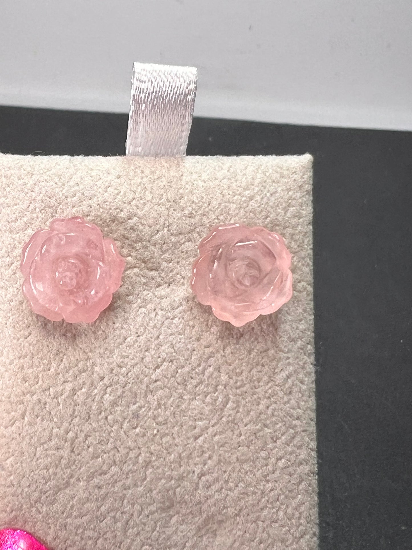 Rose quartz carved roses stud earrings with sterling silver posts